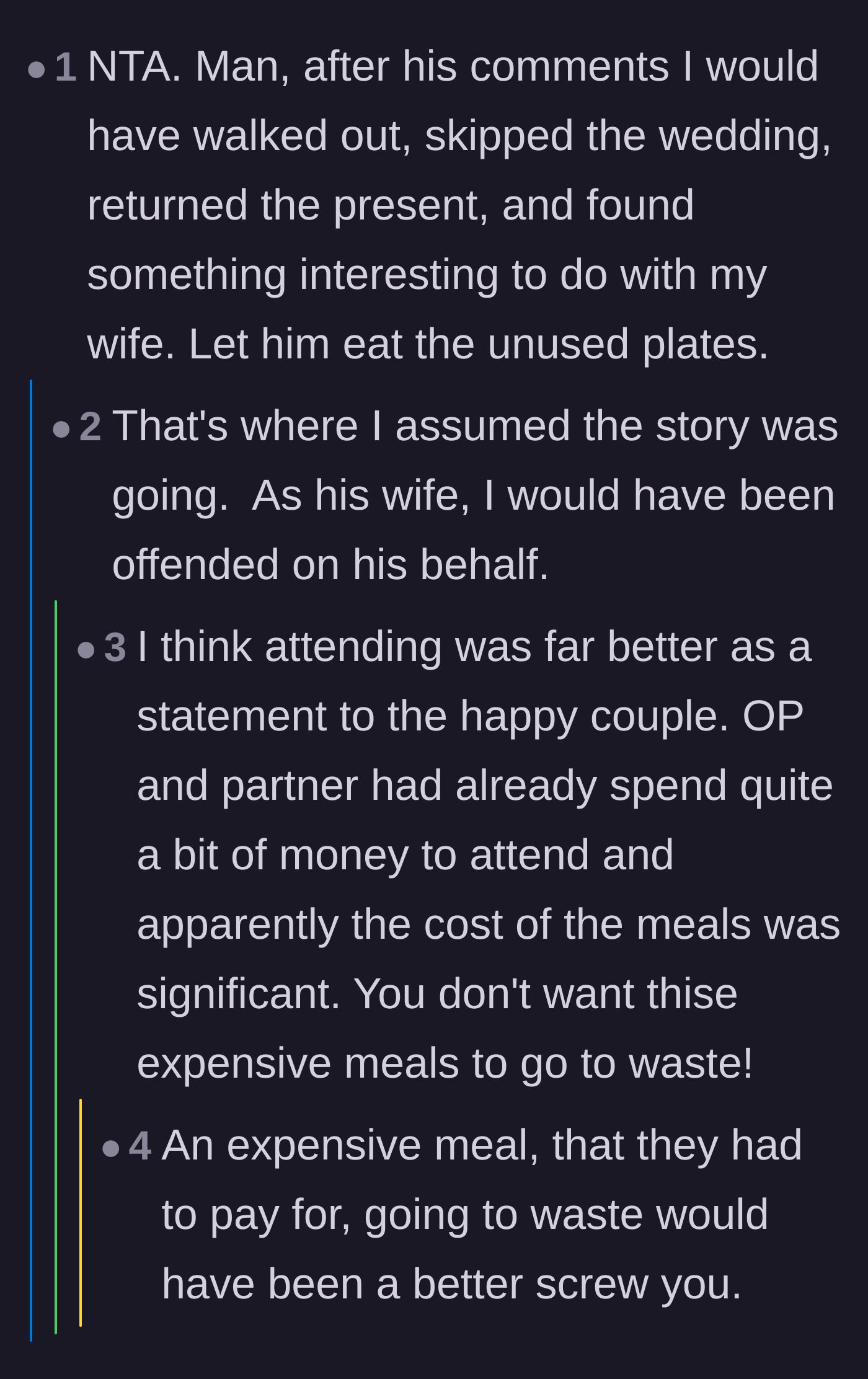 Comment thread 4 - Commenters debating whether walking out and letting the expensive meals go to waste would have been better revenge