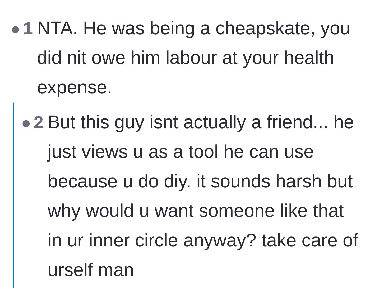 Comment thread 5 - Discussion about how the groom views the main character as a tool rather than a real friend