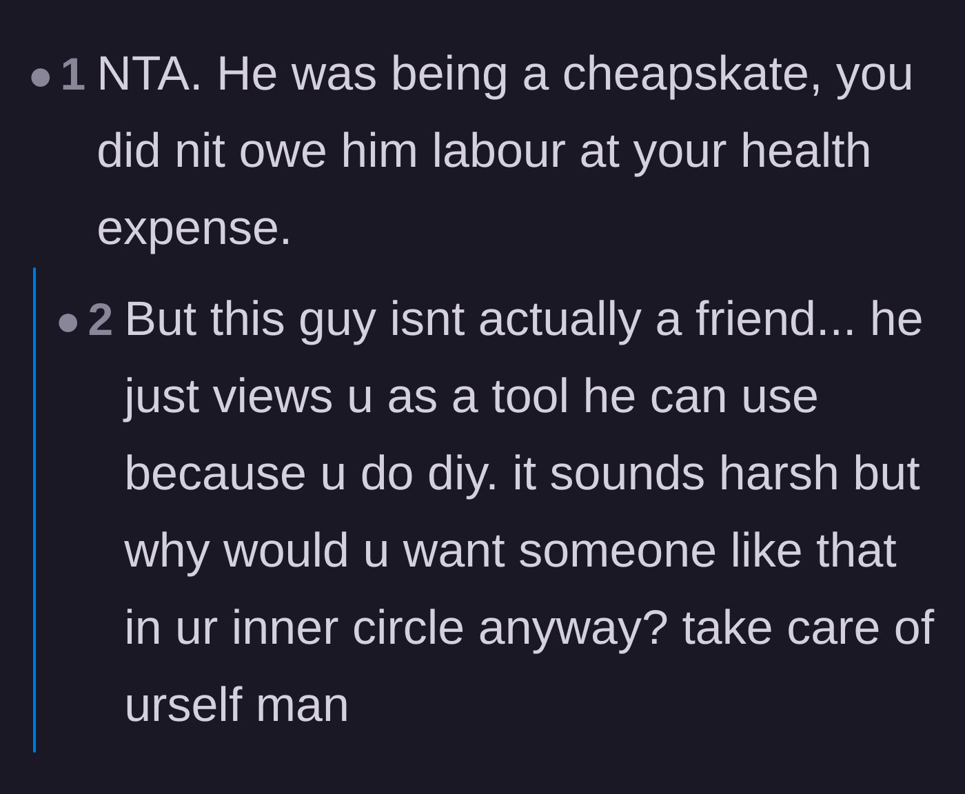 Comment thread 5 - Discussion about how the groom views the main character as a tool rather than a real friend