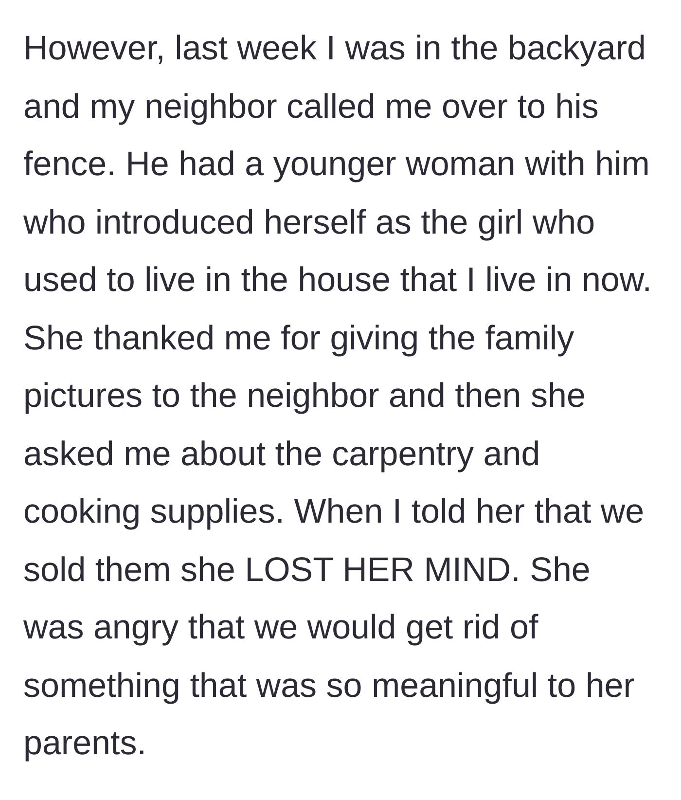 Story part 4 - Years later, the daughter returns with the neighbor, learns the tools were sold, and completely loses her temper.