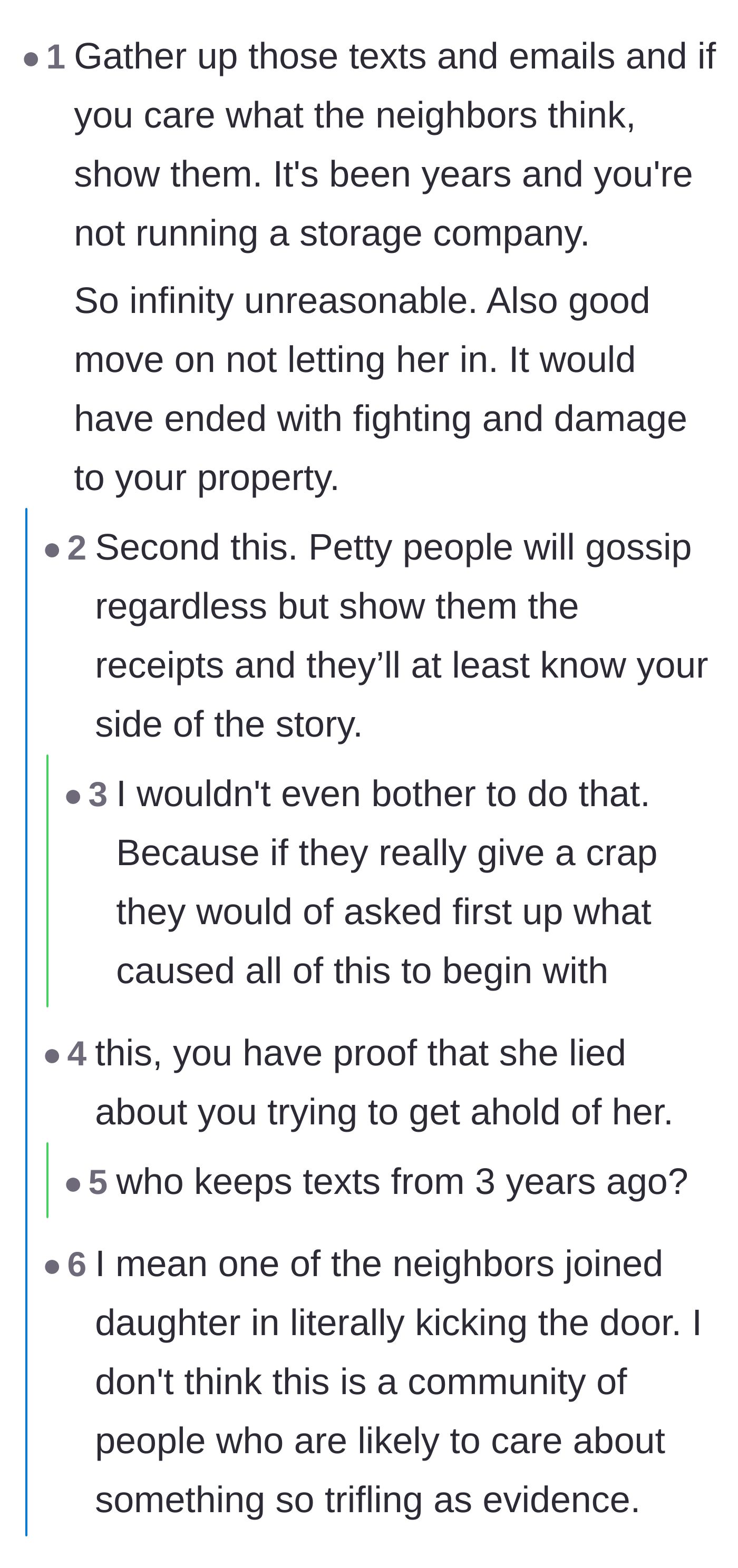 Comment thread 1 - A debate on whether showing the neighbors the old text messages would actually clear the homeowner's name.