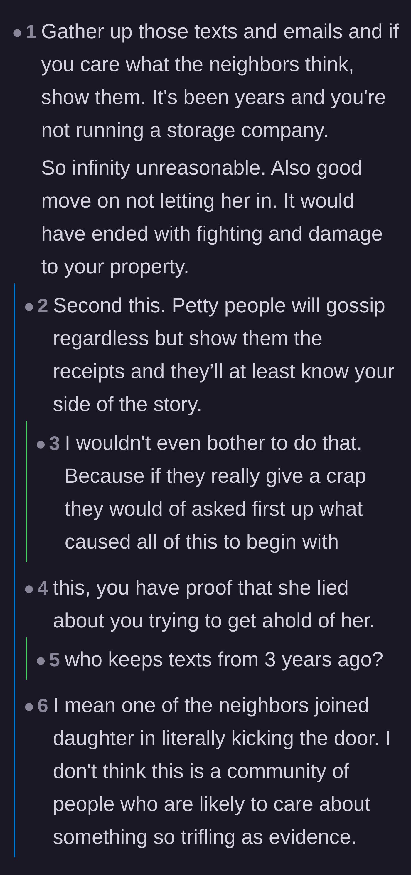 Comment thread 1 - A debate on whether showing the neighbors the old text messages would actually clear the homeowner's name.