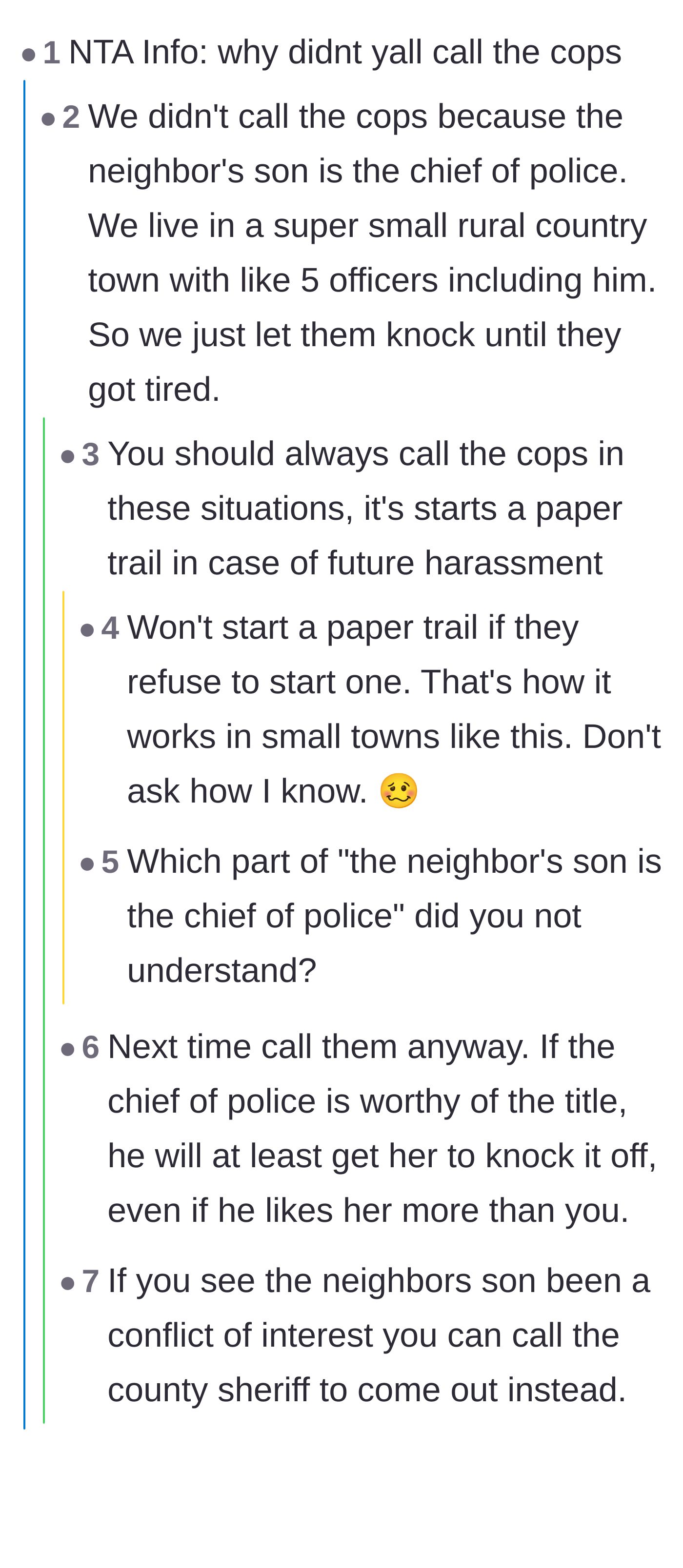 Comment thread 2 - A discussion about the homeowner revealing that the hostile neighbor's son is the local Chief of Police.