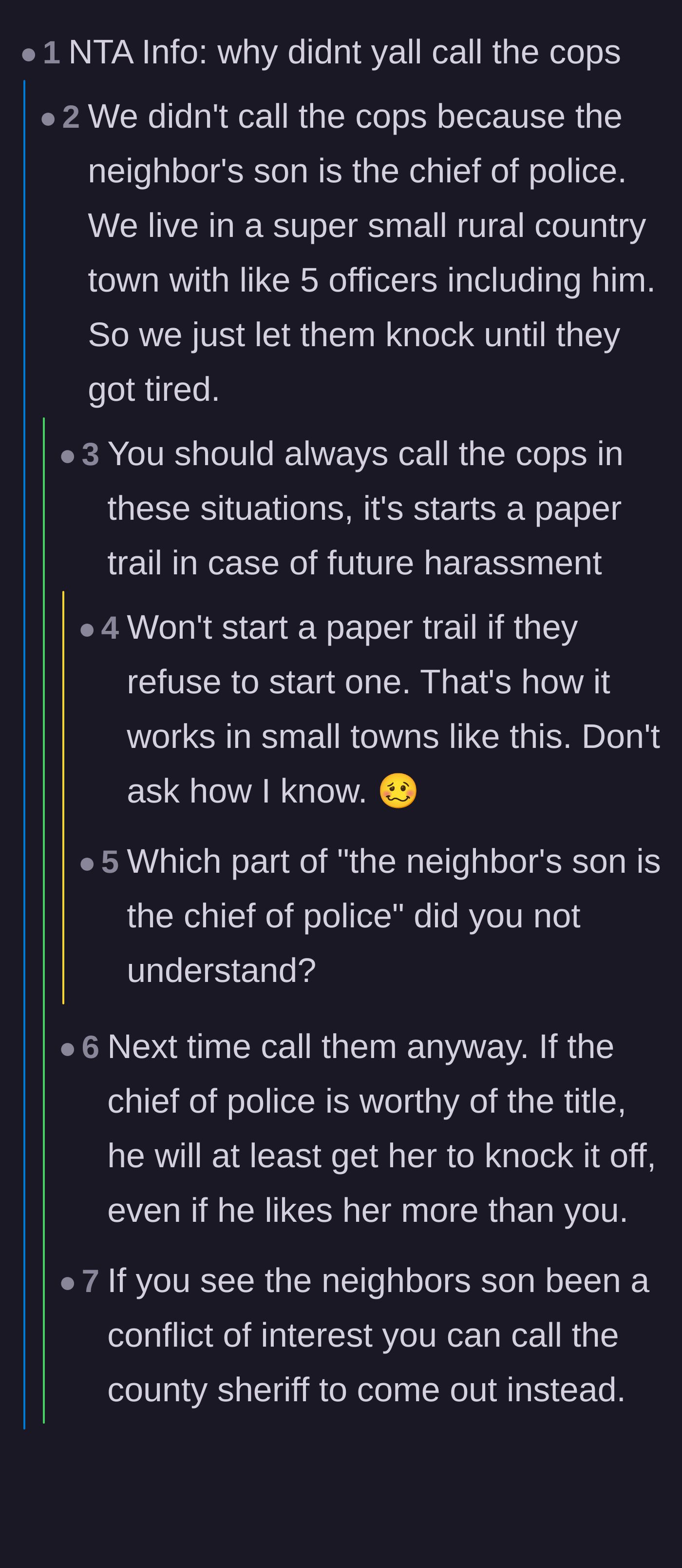 Comment thread 2 - A discussion about the homeowner revealing that the hostile neighbor's son is the local Chief of Police.