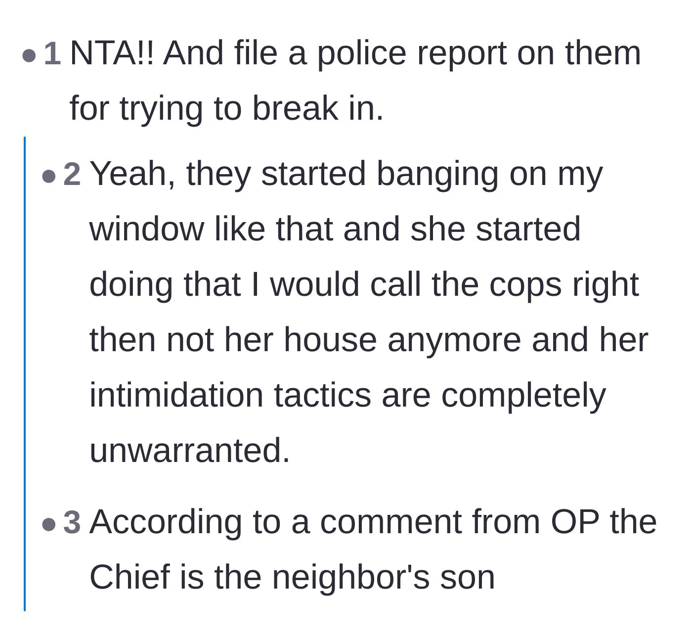 Comment thread 3 - Comments urging the homeowner to file a police report for attempted break-in despite the local police connection.
