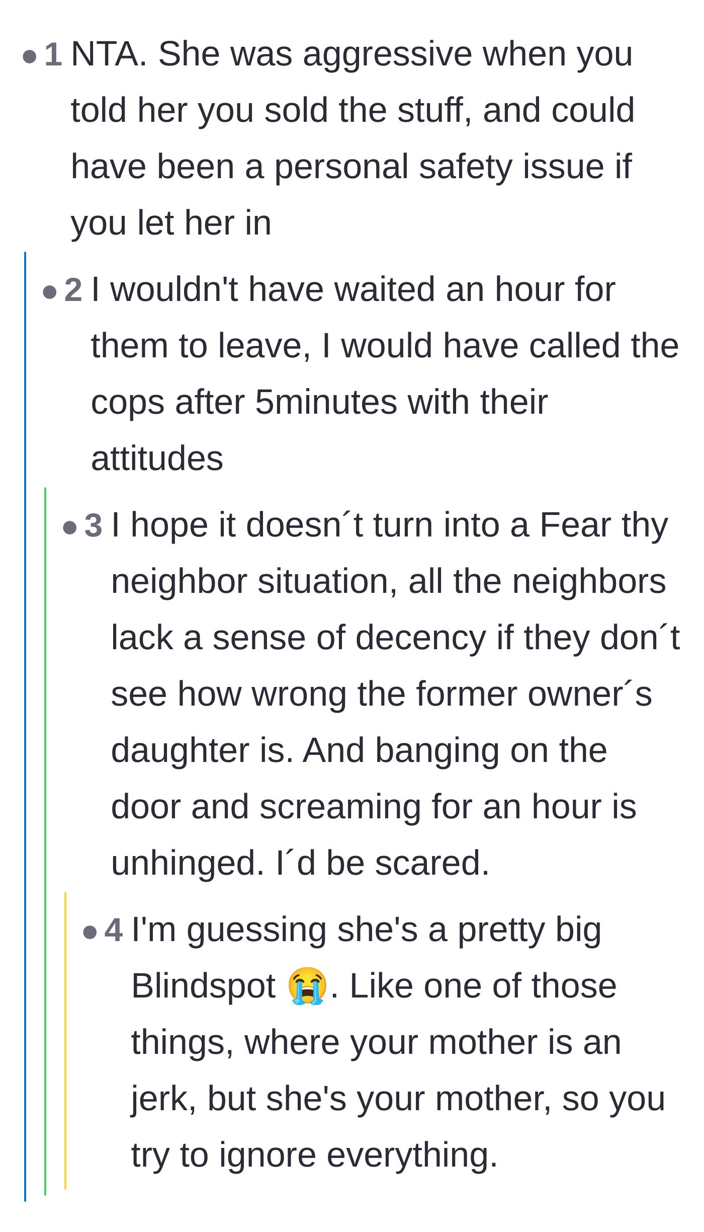 Comment thread 6 - A discussion about the physical safety risks of the encounter and the frightening escalation of the neighbor's behavior.