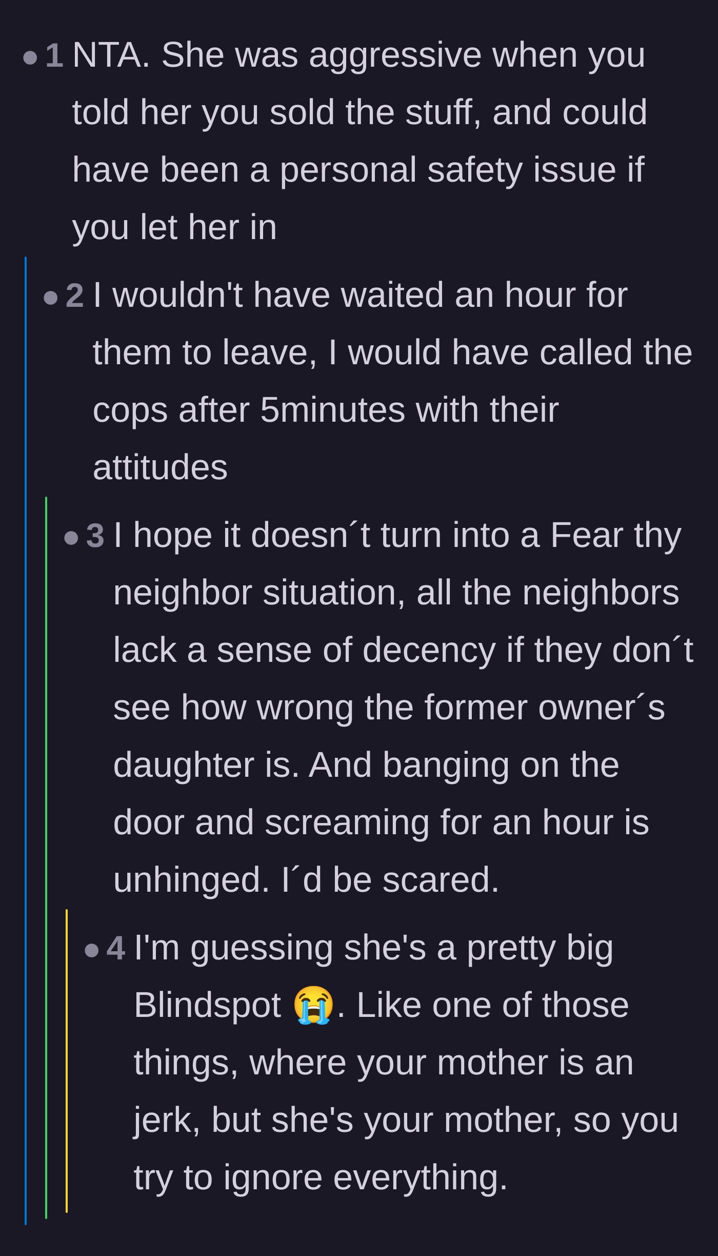 Comment thread 6 - A discussion about the physical safety risks of the encounter and the frightening escalation of the neighbor's behavior.
