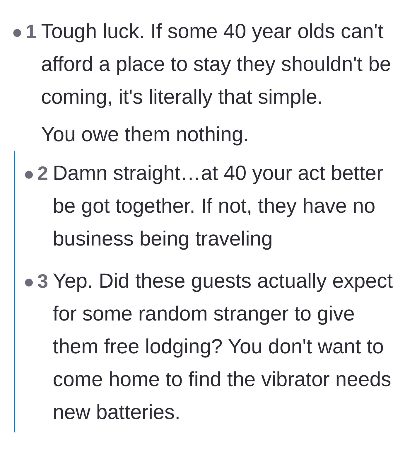 Comment thread 4 - Readers agree that middle-aged travelers should be able to afford a hotel instead of mooching.