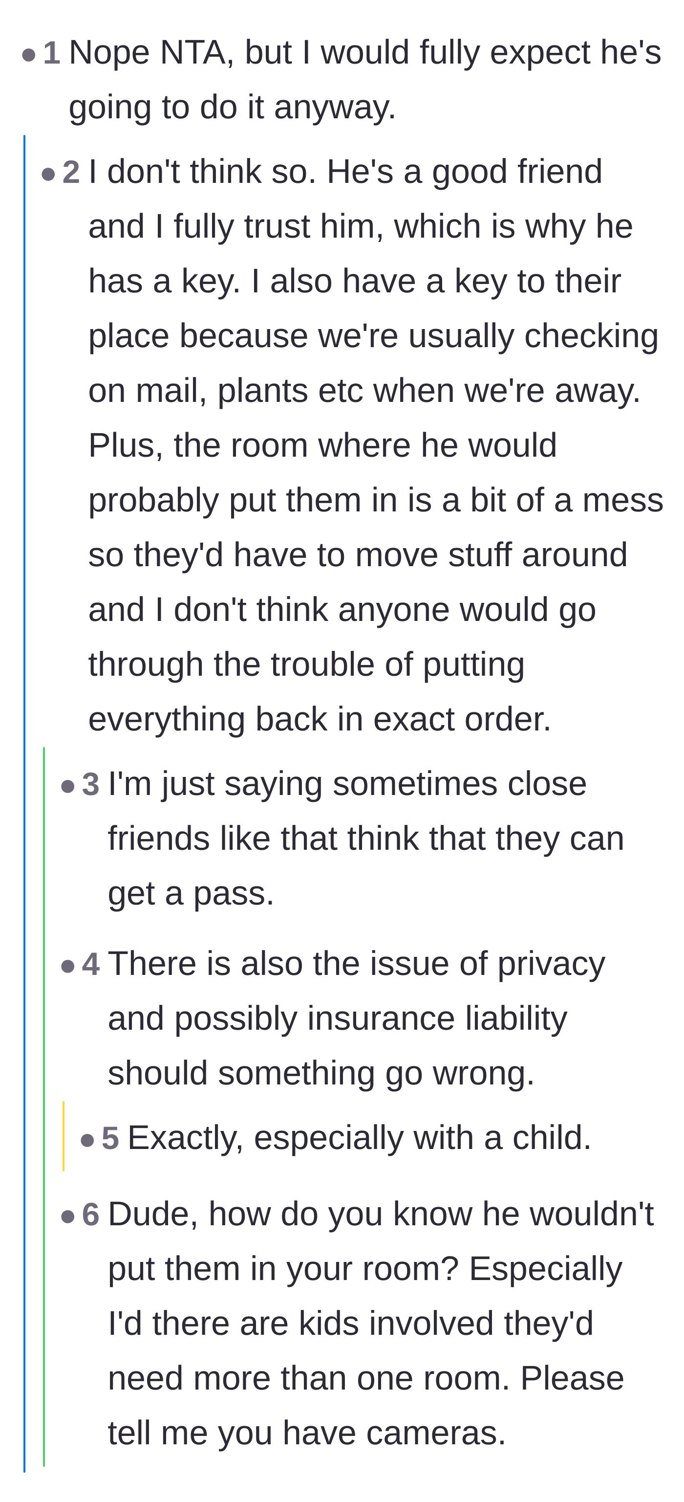 Comment thread 5 - A debate on whether the friend is trustworthy enough to keep the spare key after this incident.