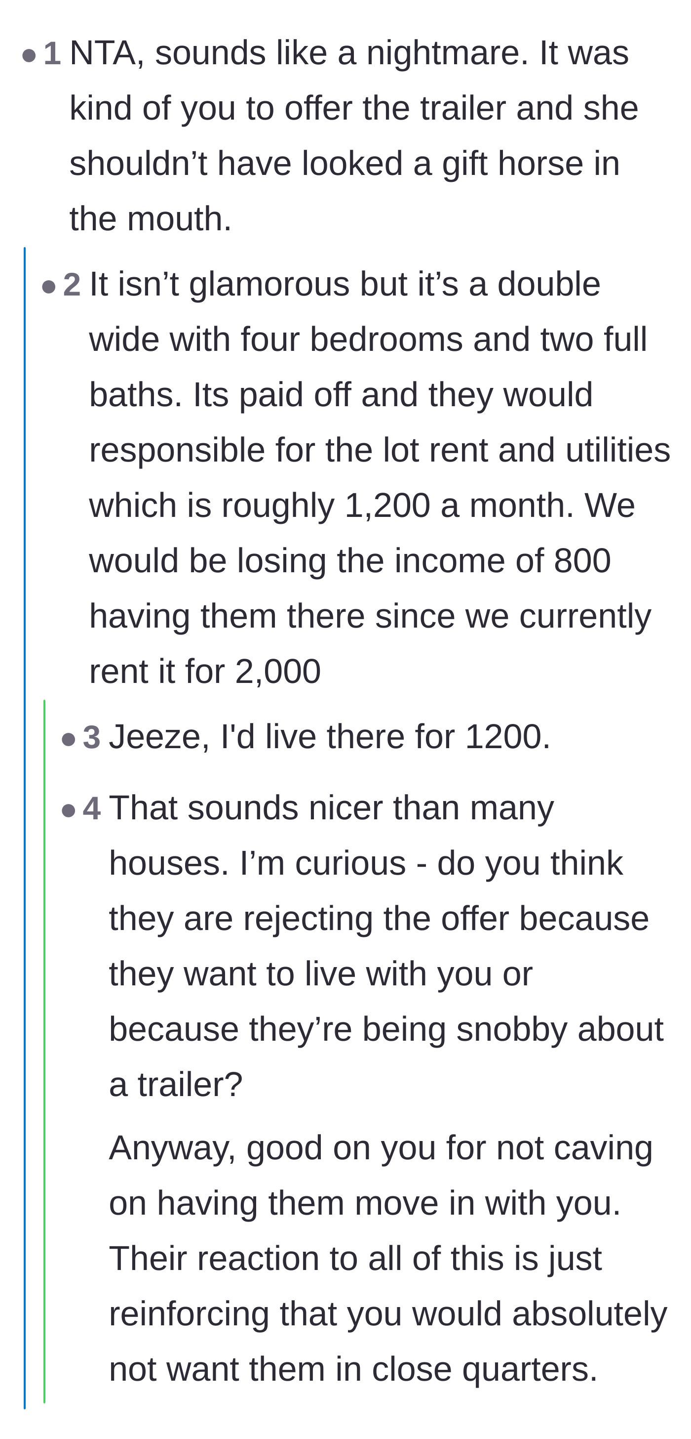 Comment thread 1 - Readers dissect the mother-in-law rejecting a heavily discounted rental trailer in favor of the main house.