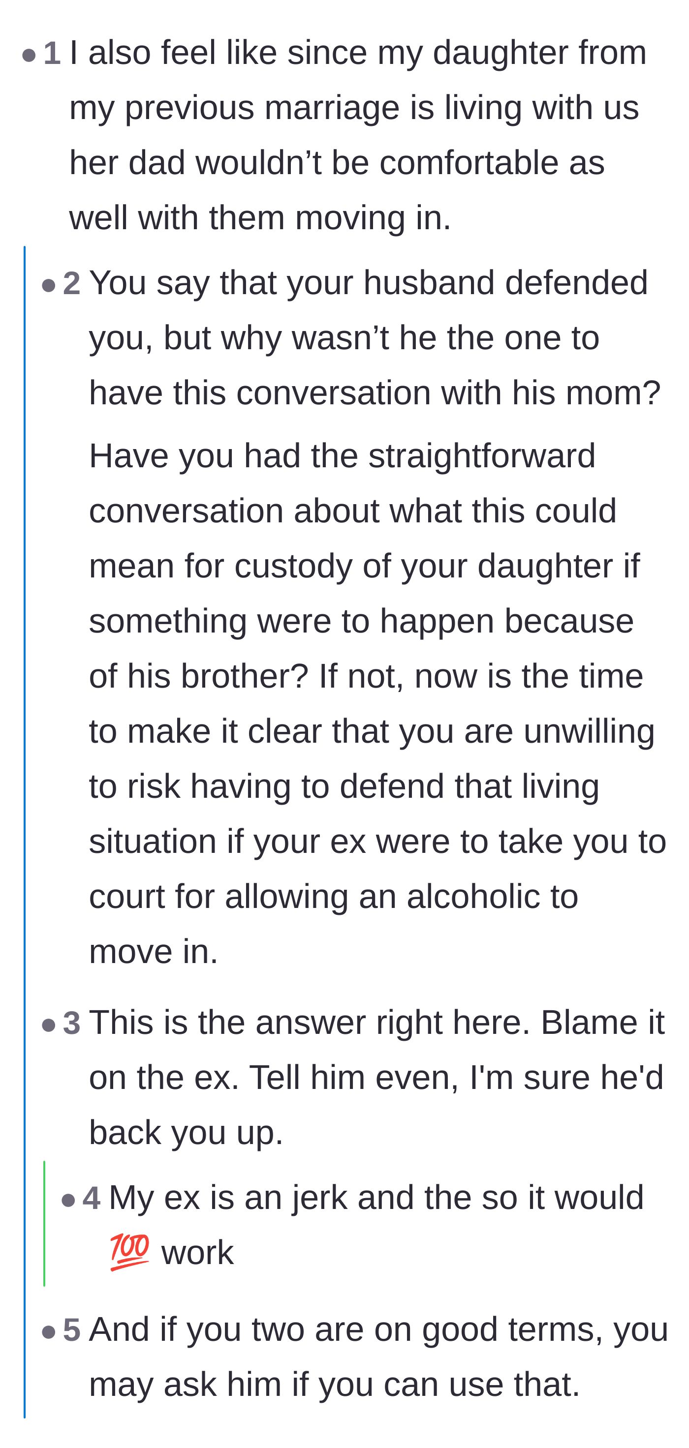 Comment thread 2 - Advice on weaponizing the ex-husband and custody agreement to keep the in-laws out.