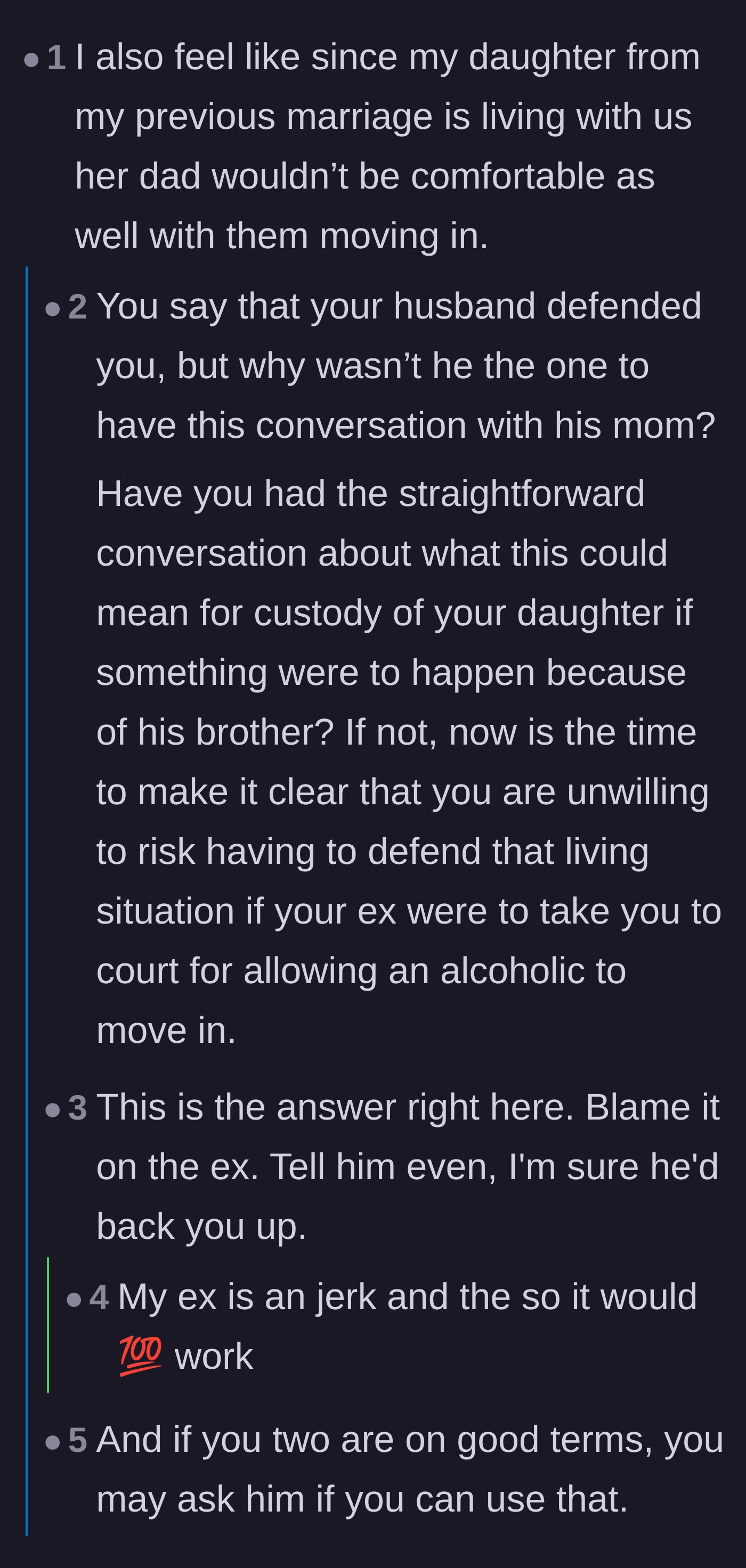 Comment thread 2 - Advice on weaponizing the ex-husband and custody agreement to keep the in-laws out.