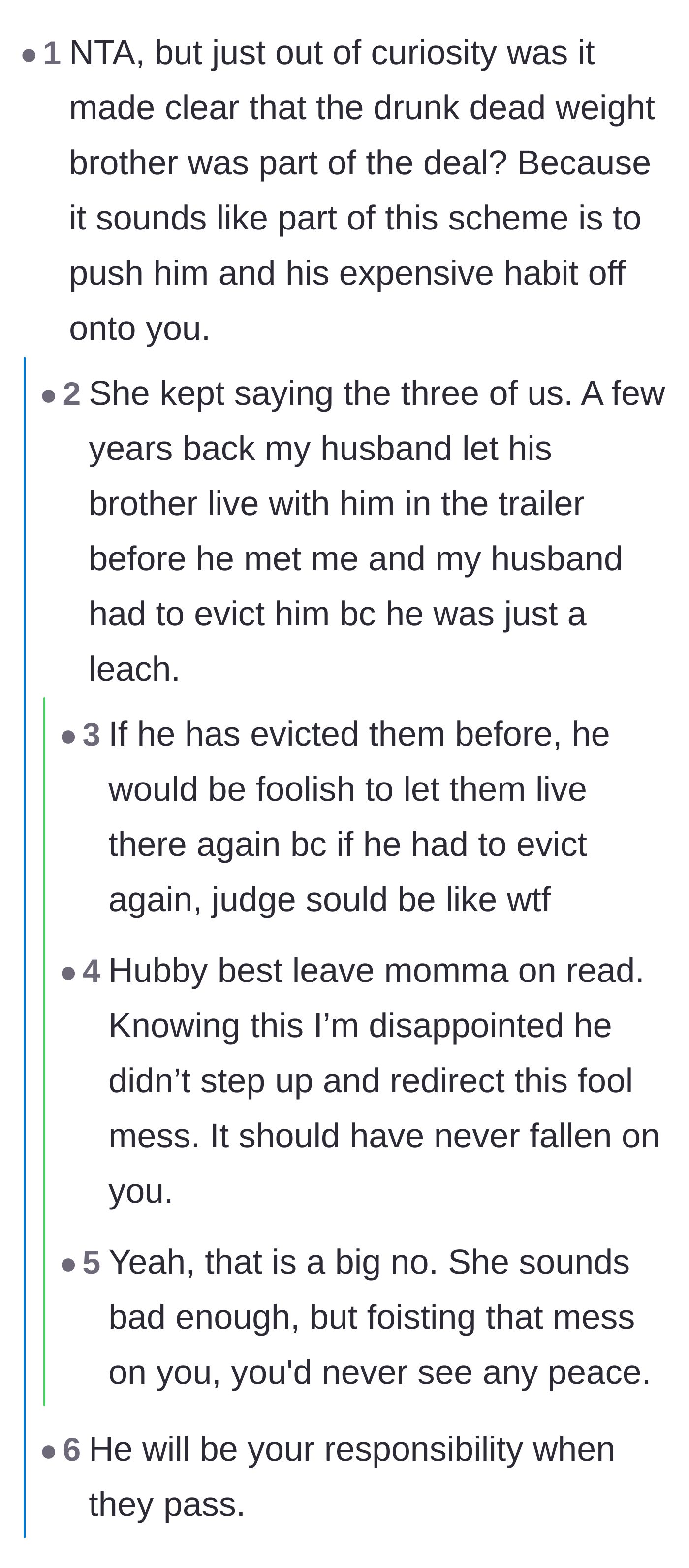 Comment thread 3 - The revelation that the husband previously evicted his brother and is now letting his wife handle the confrontation.