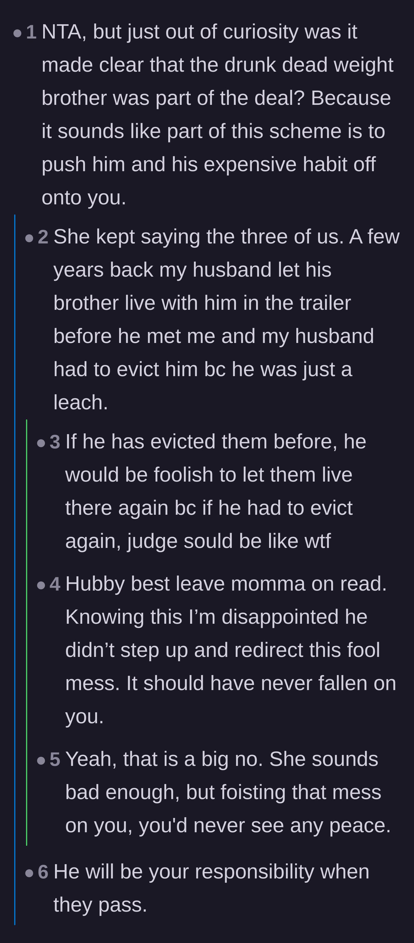 Comment thread 3 - The revelation that the husband previously evicted his brother and is now letting his wife handle the confrontation.