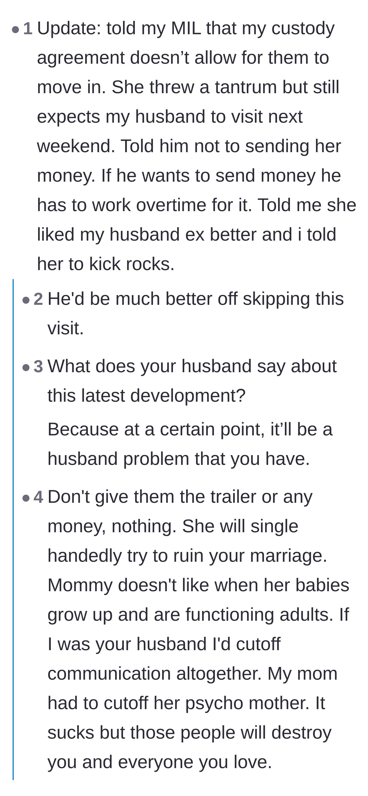 Comment thread 5 - The mother-in-law throwing a tantrum and the husband admitting he's glad the wife took the heat.