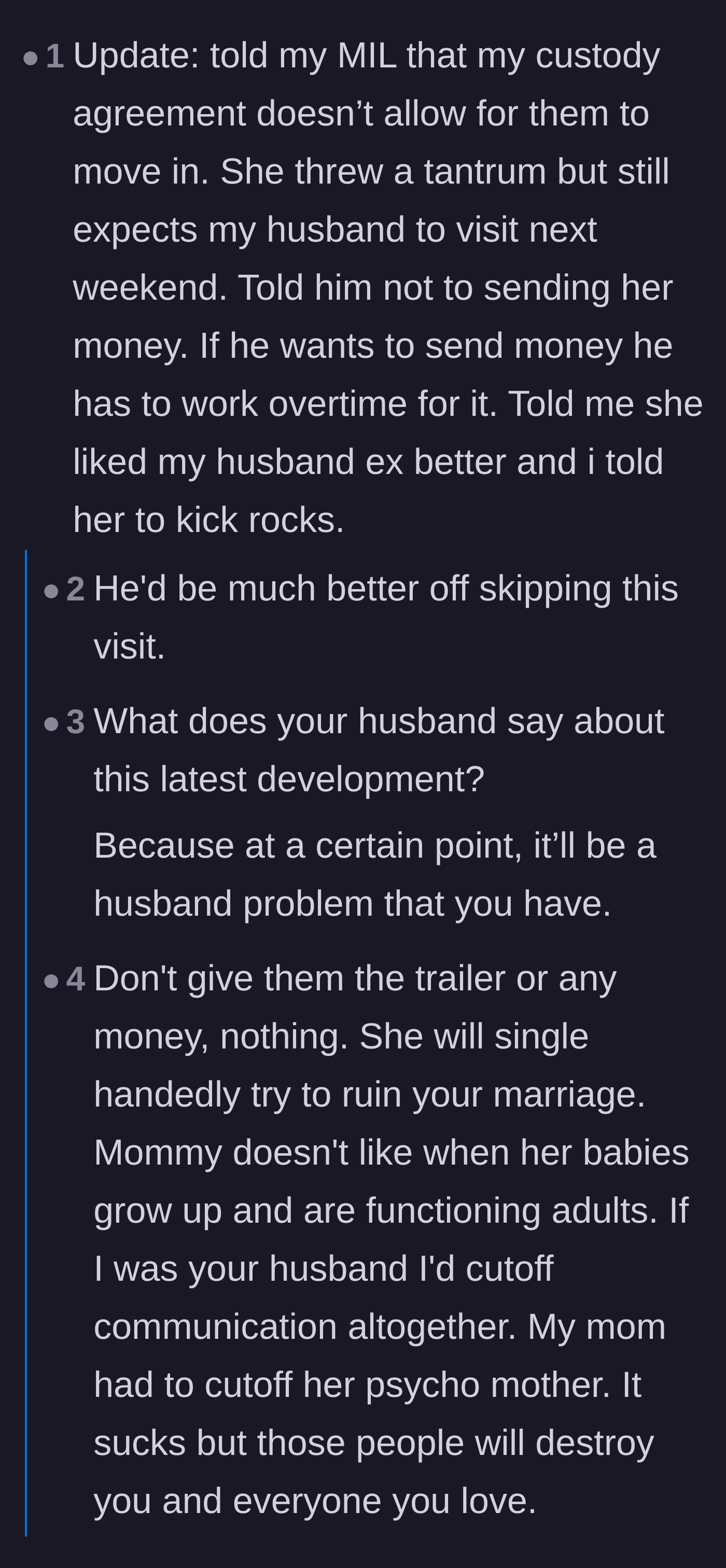 Comment thread 5 - The mother-in-law throwing a tantrum and the husband admitting he's glad the wife took the heat.