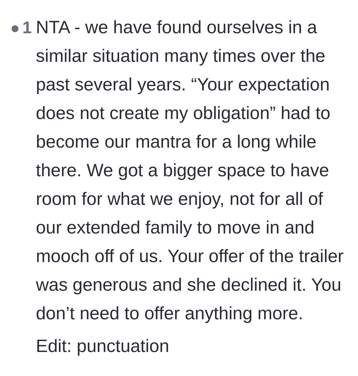 Comment thread 6 - A mantra about expectations not creating obligations when buying a larger home.
