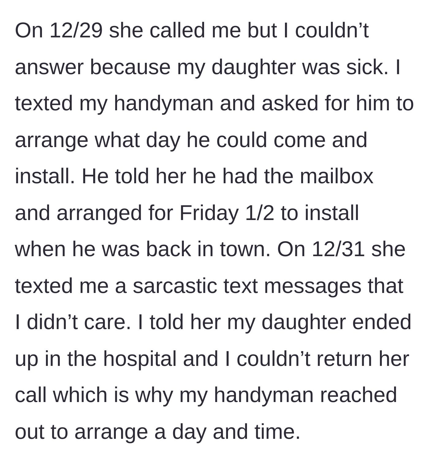 Story part 2 - Unanswered phone call due to a sick child, followed by a sarcastic text.