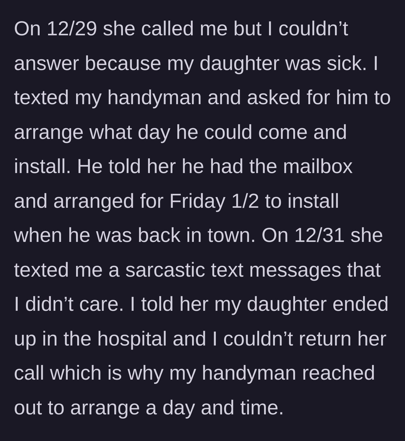 Story part 2 - Unanswered phone call due to a sick child, followed by a sarcastic text.