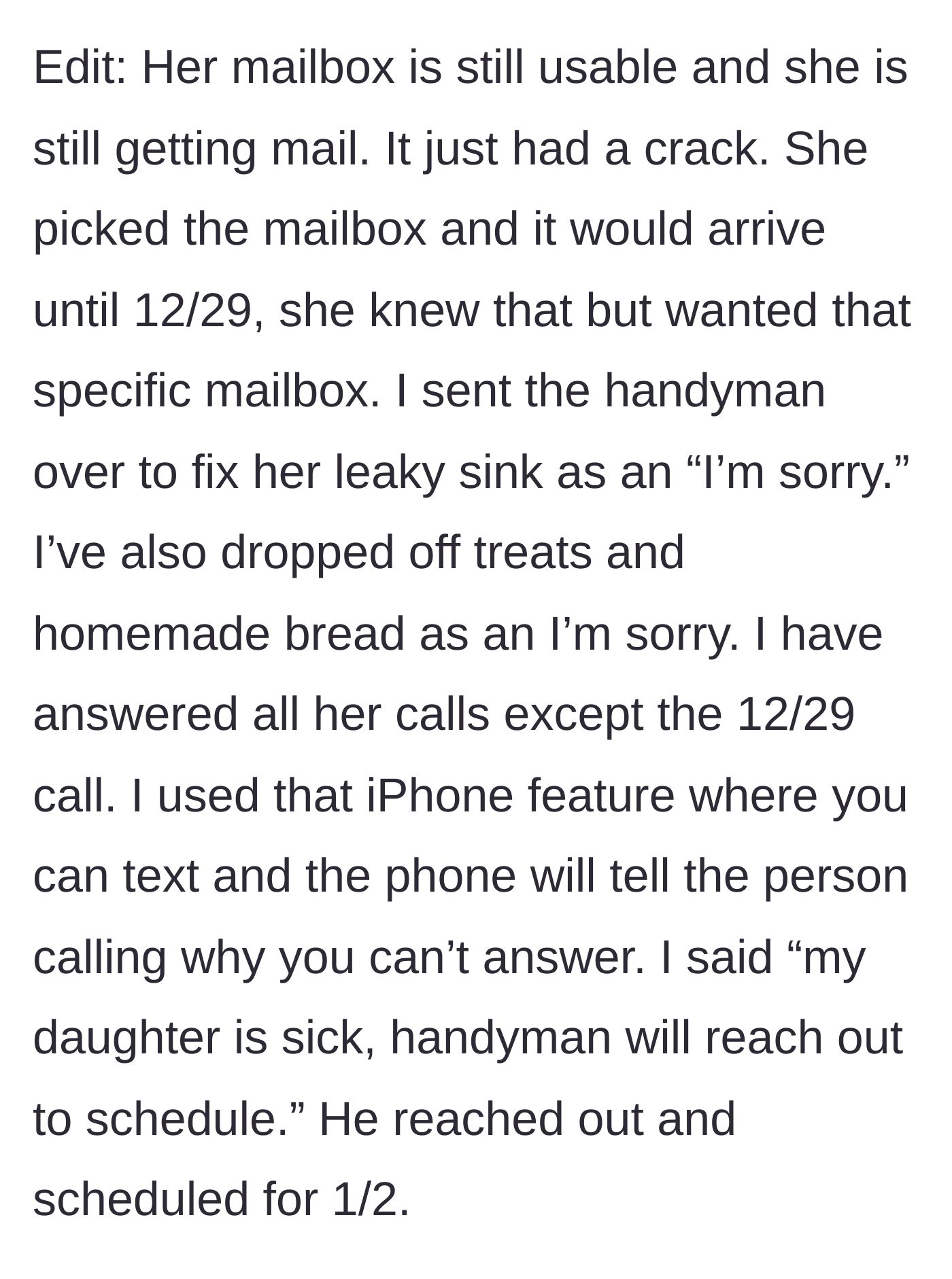 Story part 6 - Details of the neighbor's usable mailbox, free sink repair, and baked goods.