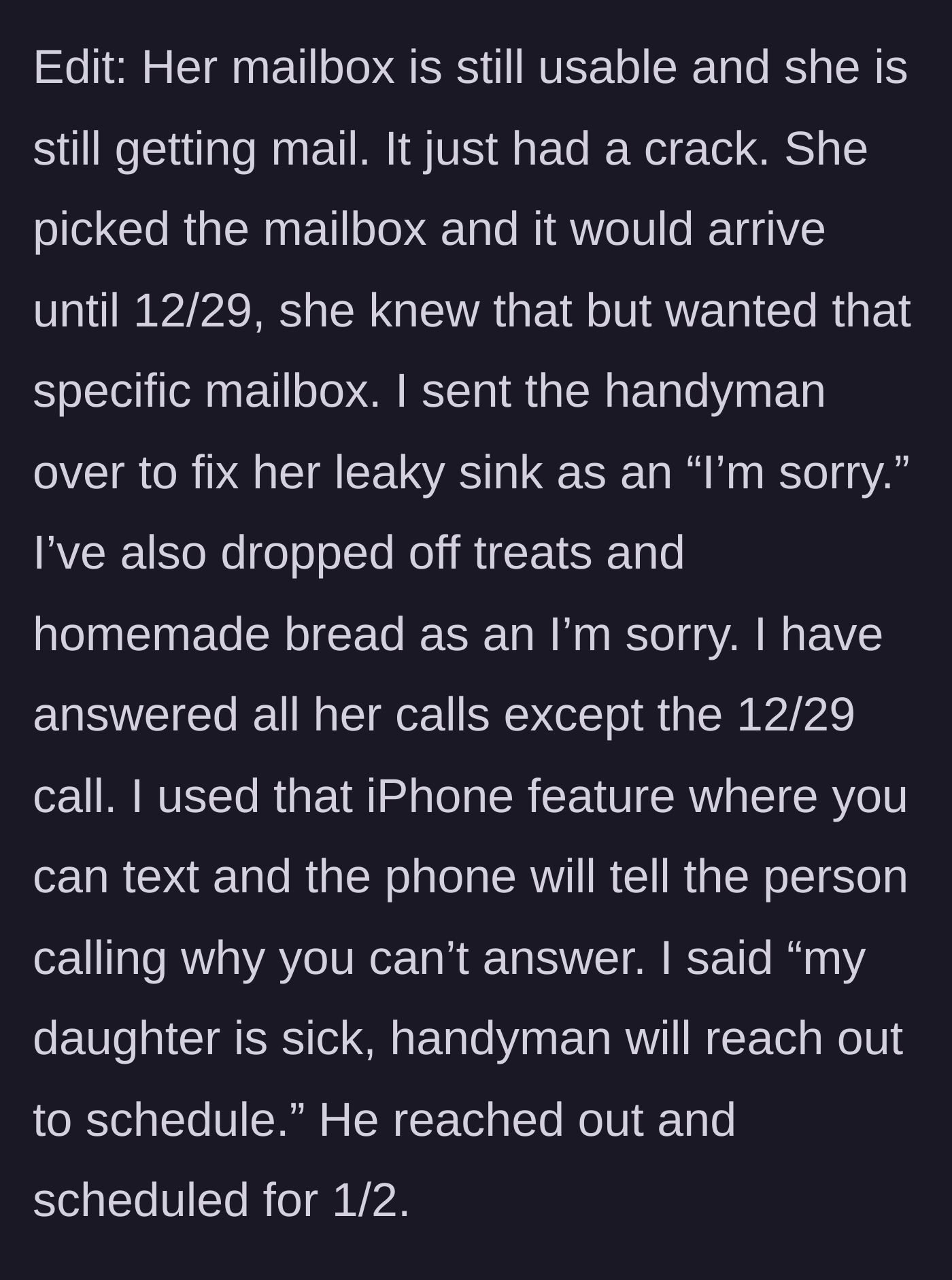 Story part 6 - Details of the neighbor's usable mailbox, free sink repair, and baked goods.