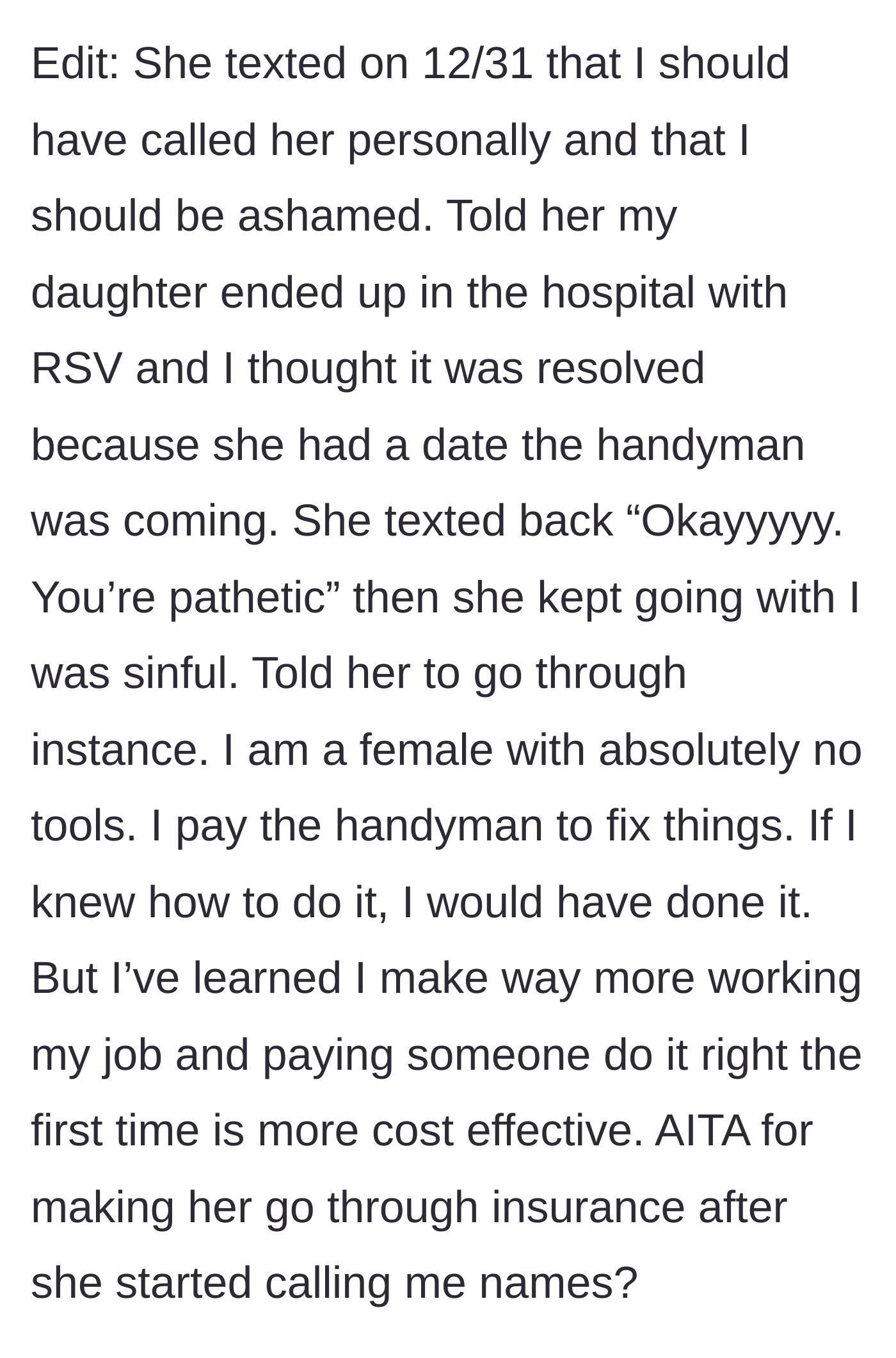 Story part 7 - Recap of the neighbor dismissing the child's RSV diagnosis with further insults.