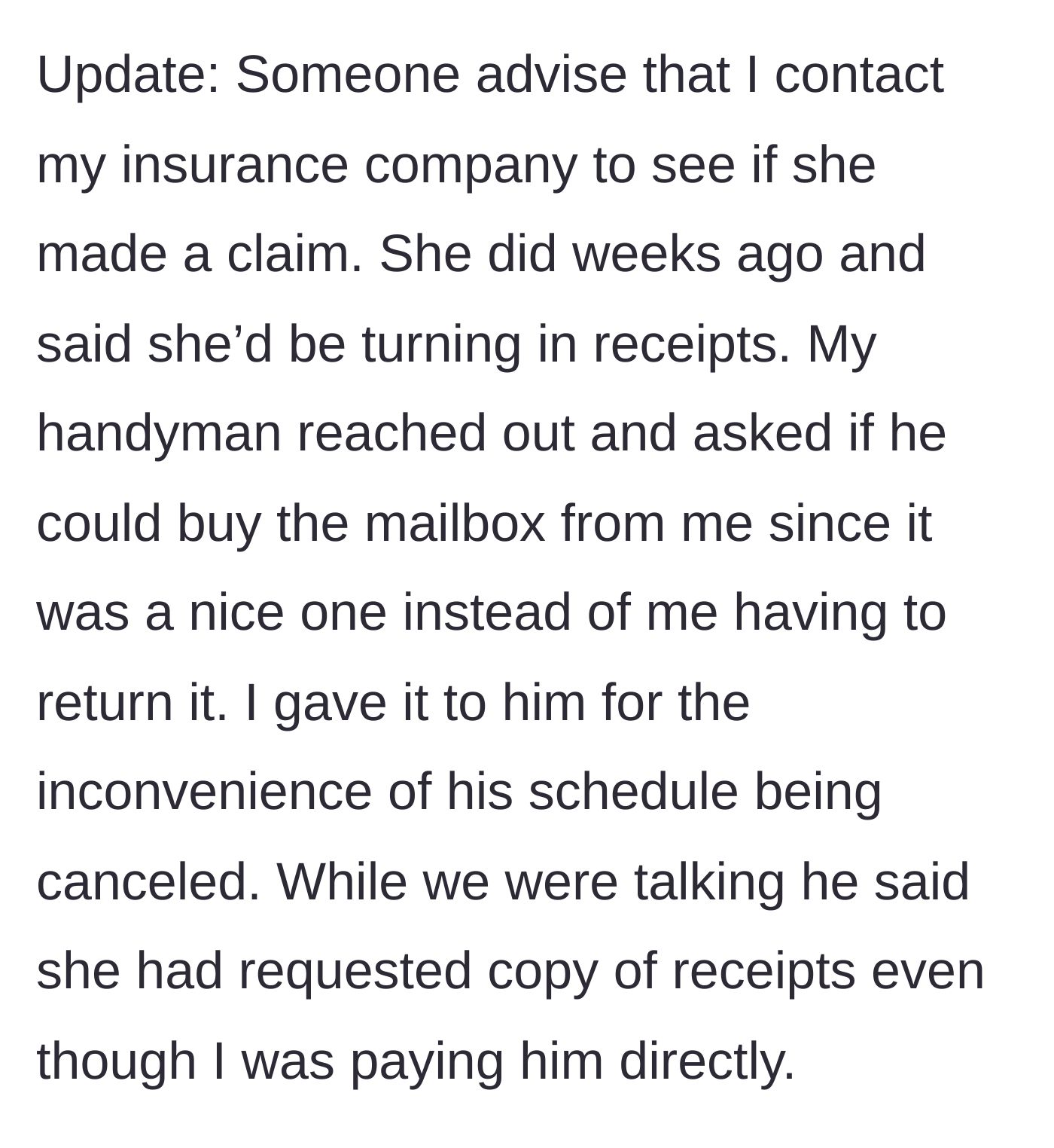 Story part 8 - Discovery that the neighbor secretly filed an insurance claim weeks ago while asking for receipts.