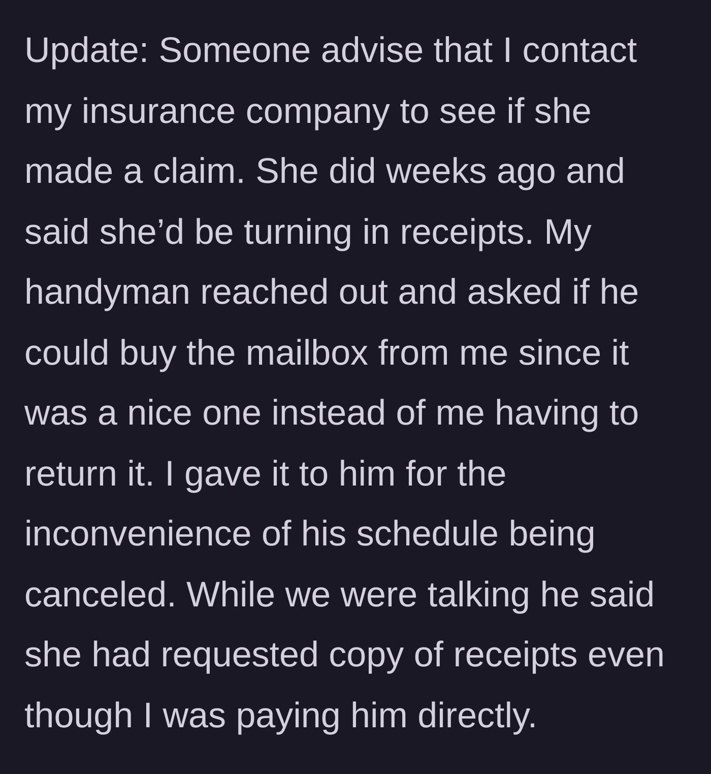 Story part 8 - Discovery that the neighbor secretly filed an insurance claim weeks ago while asking for receipts.