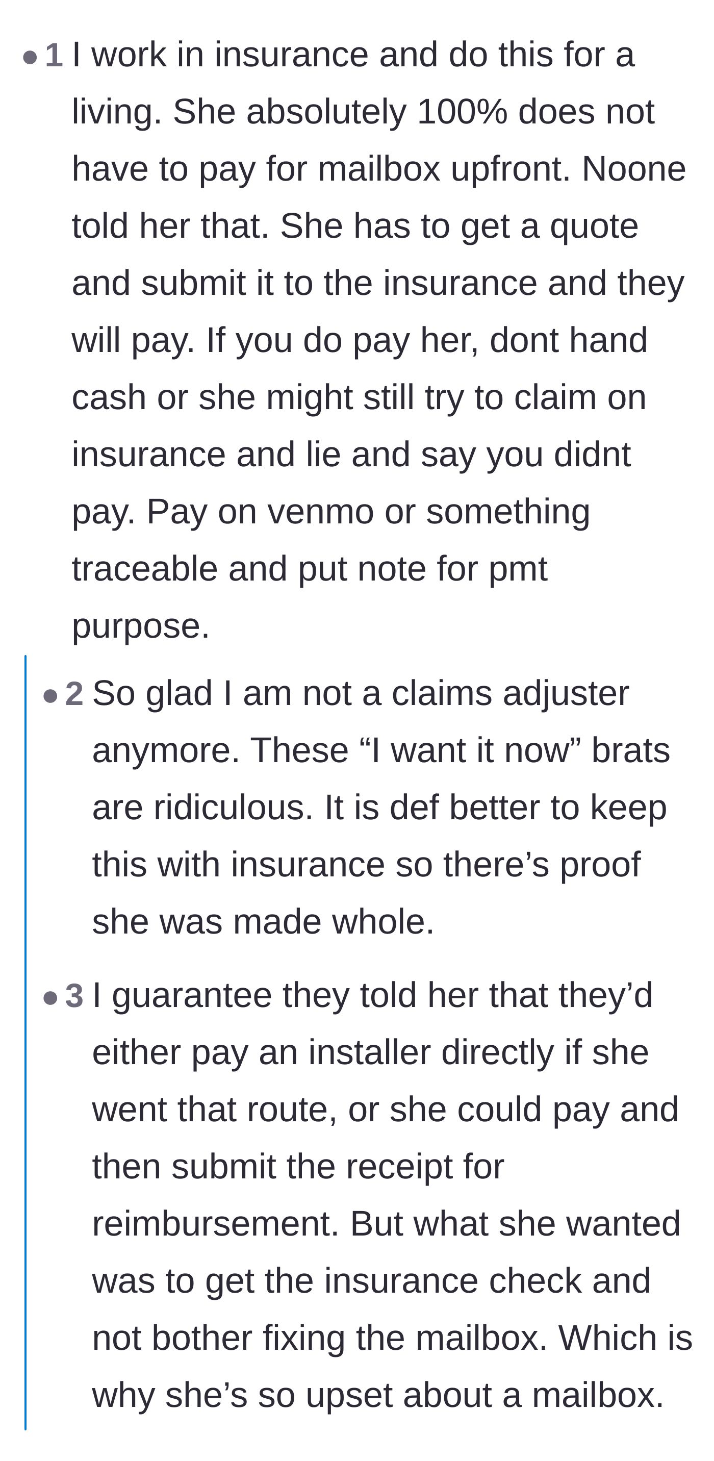 Comment thread 1 - Insurance professional exposing the neighbor's lie about upfront payments.
