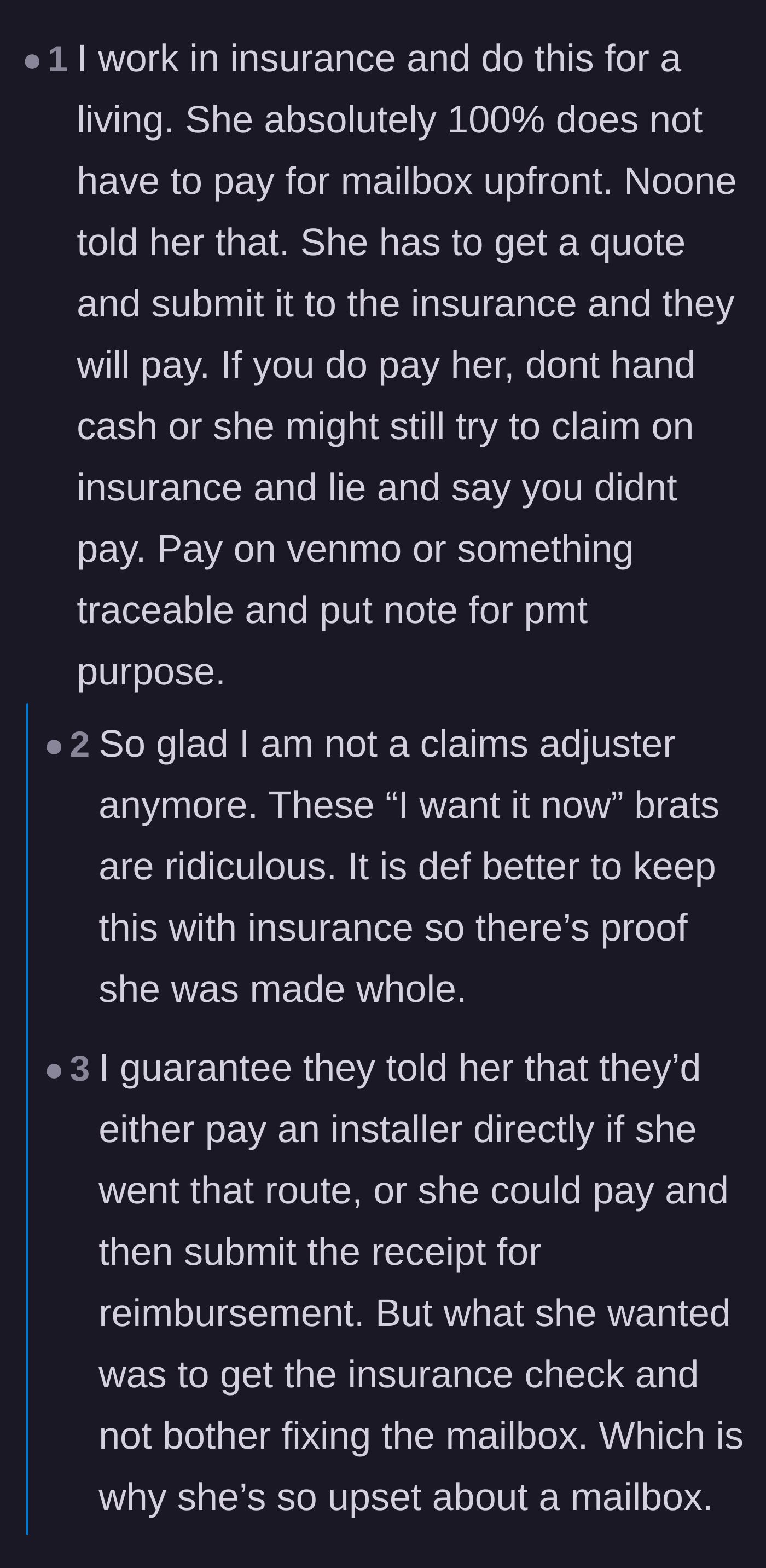 Comment thread 1 - Insurance professional exposing the neighbor's lie about upfront payments.
