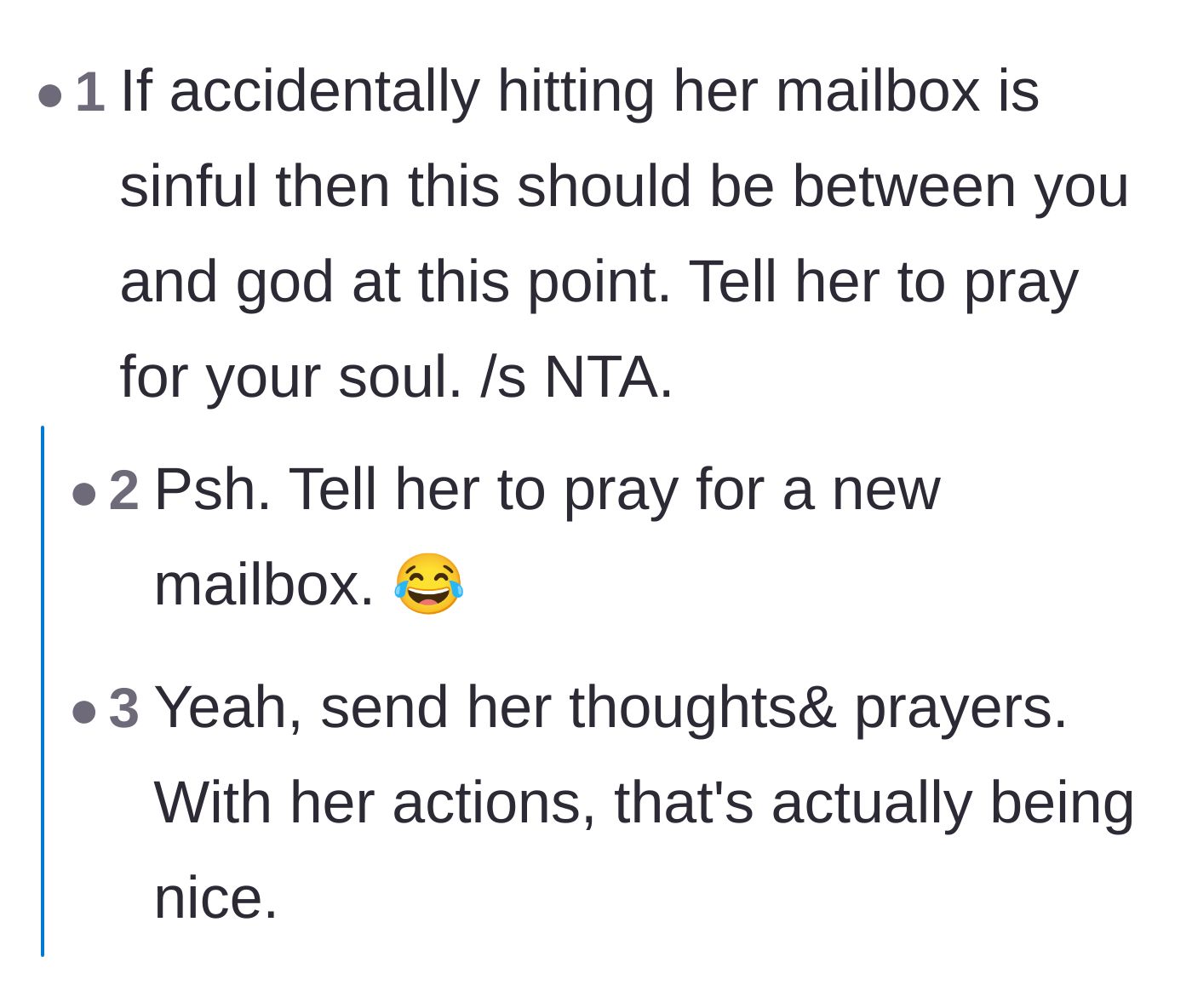 Comment thread 2 - Jokes about the neighbor calling the accident sinful and needing prayers.