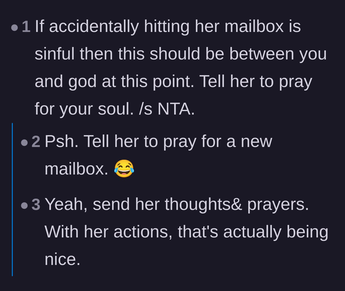 Comment thread 2 - Jokes about the neighbor calling the accident sinful and needing prayers.