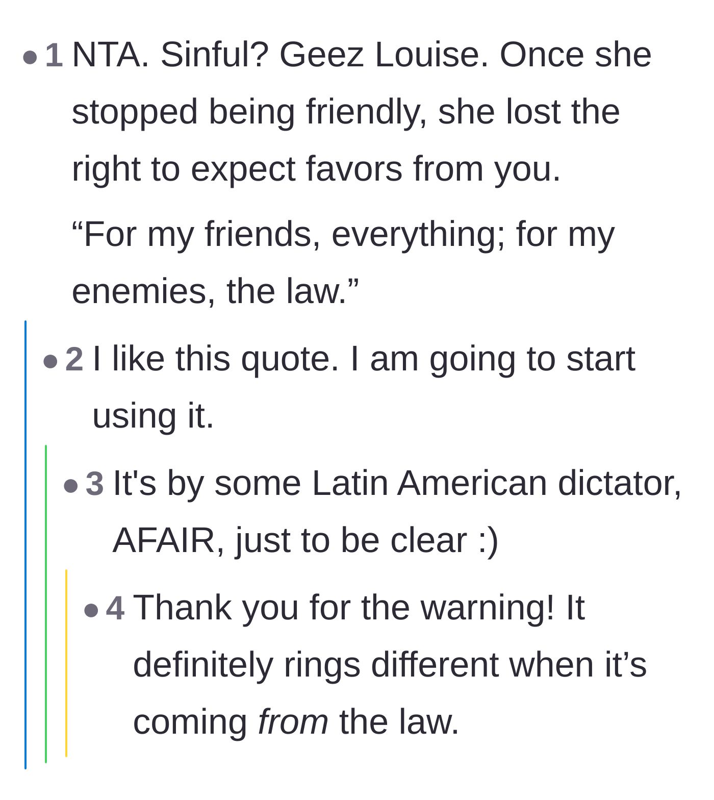 Comment thread 3 - Discussion on how hostility forfeits the right to neighborly favors and grace.