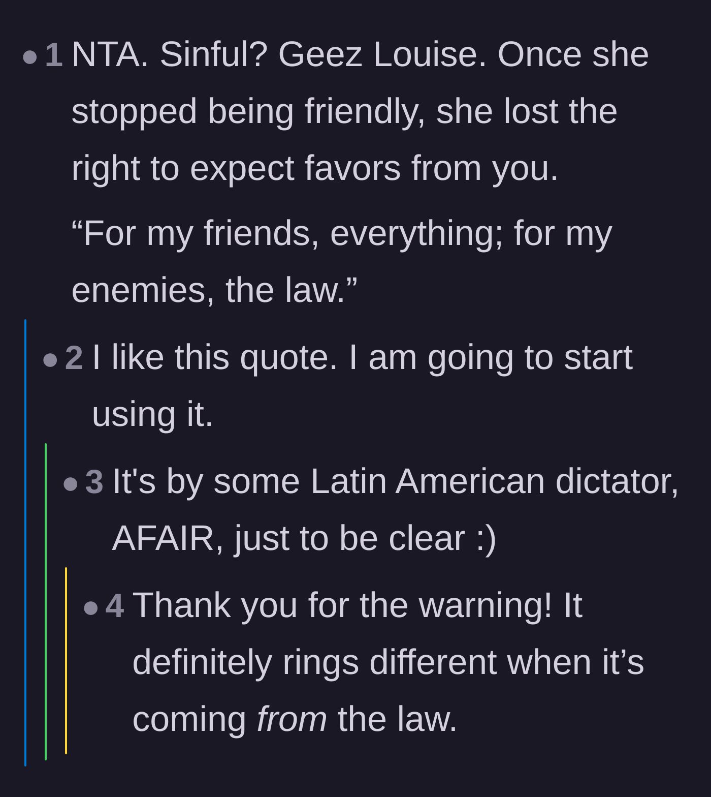 Comment thread 3 - Discussion on how hostility forfeits the right to neighborly favors and grace.