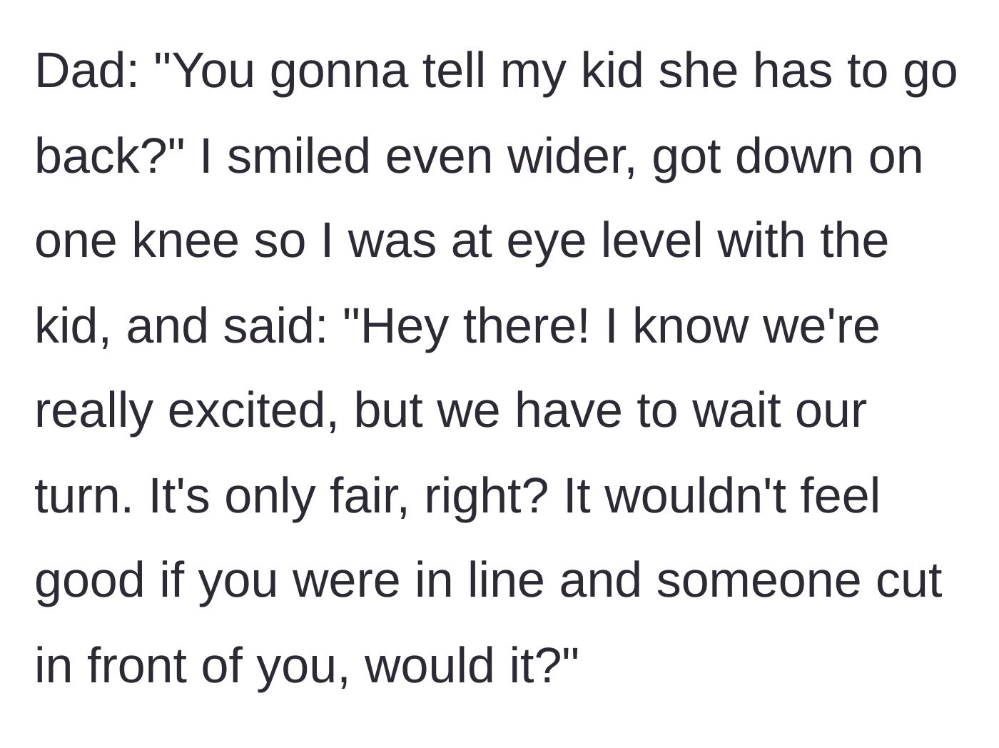 Story part 4 - The father challenges the host to explain the rules to his young daughter. The host kneels to the child's eye level and gently explains the concept of fairness, and the child readily agrees.