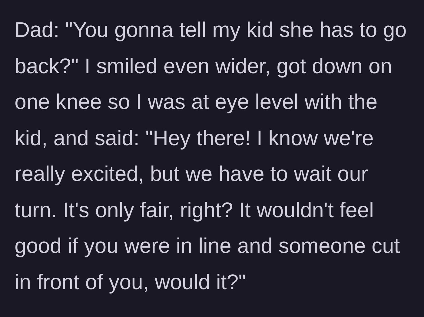 Story part 4 - The father challenges the host to explain the rules to his young daughter. The host kneels to the child's eye level and gently explains the concept of fairness, and the child readily agrees.