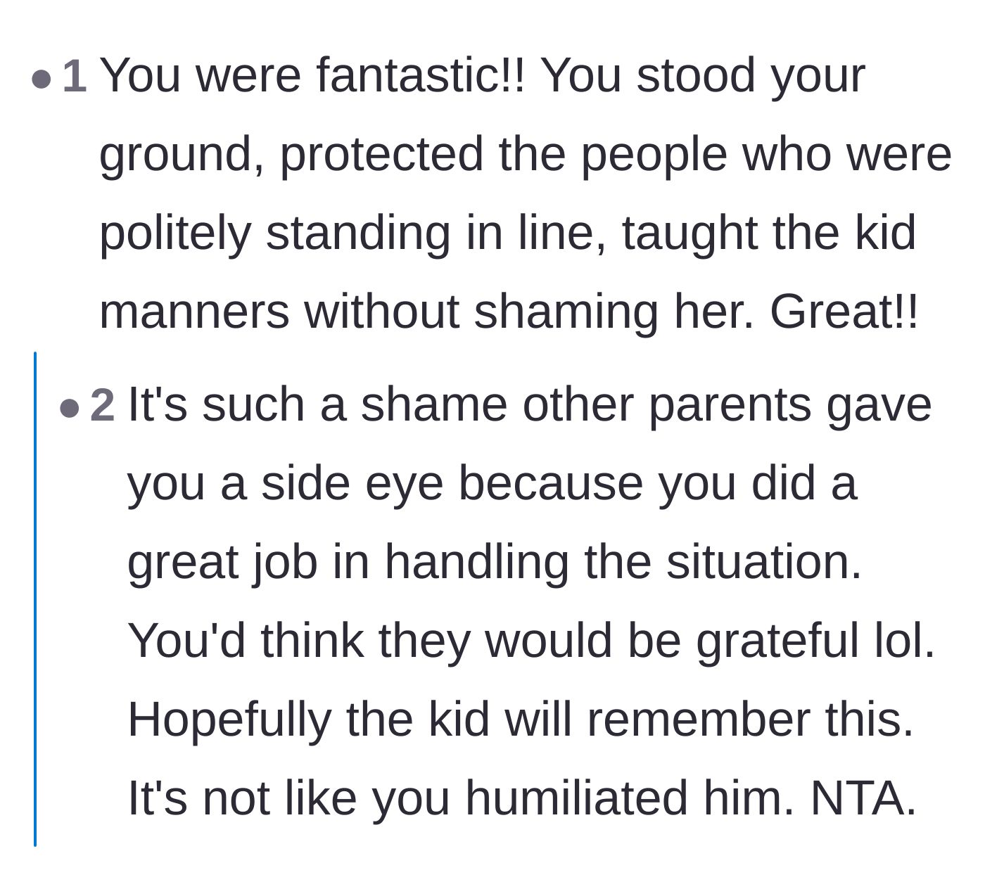 Comment thread 1 - Praise for the host setting boundaries without shaming the child, and disbelief at the other parents' reactions.