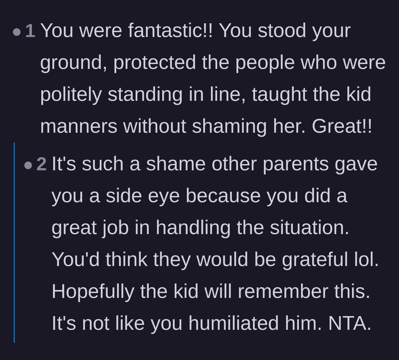 Comment thread 1 - Praise for the host setting boundaries without shaming the child, and disbelief at the other parents' reactions.