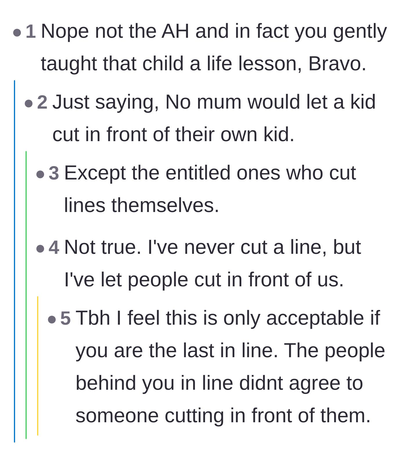Comment thread 2 - A debate on the etiquette of yielding your spot in line and how it impacts those waiting behind you.