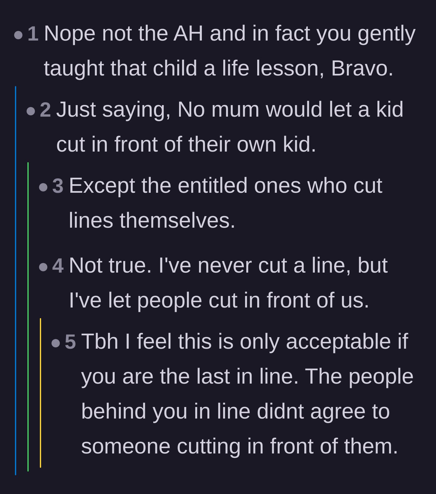 Comment thread 2 - A debate on the etiquette of yielding your spot in line and how it impacts those waiting behind you.