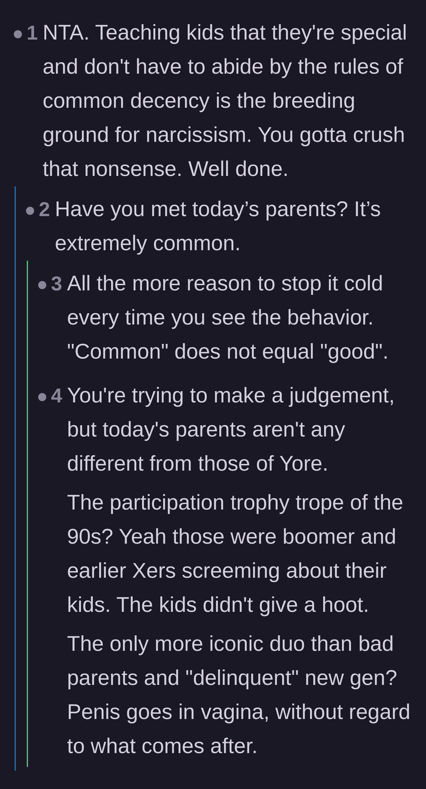 Comment thread 5 - A philosophical debate on modern parenting, generational blame, and the origins of narcissistic behavior.