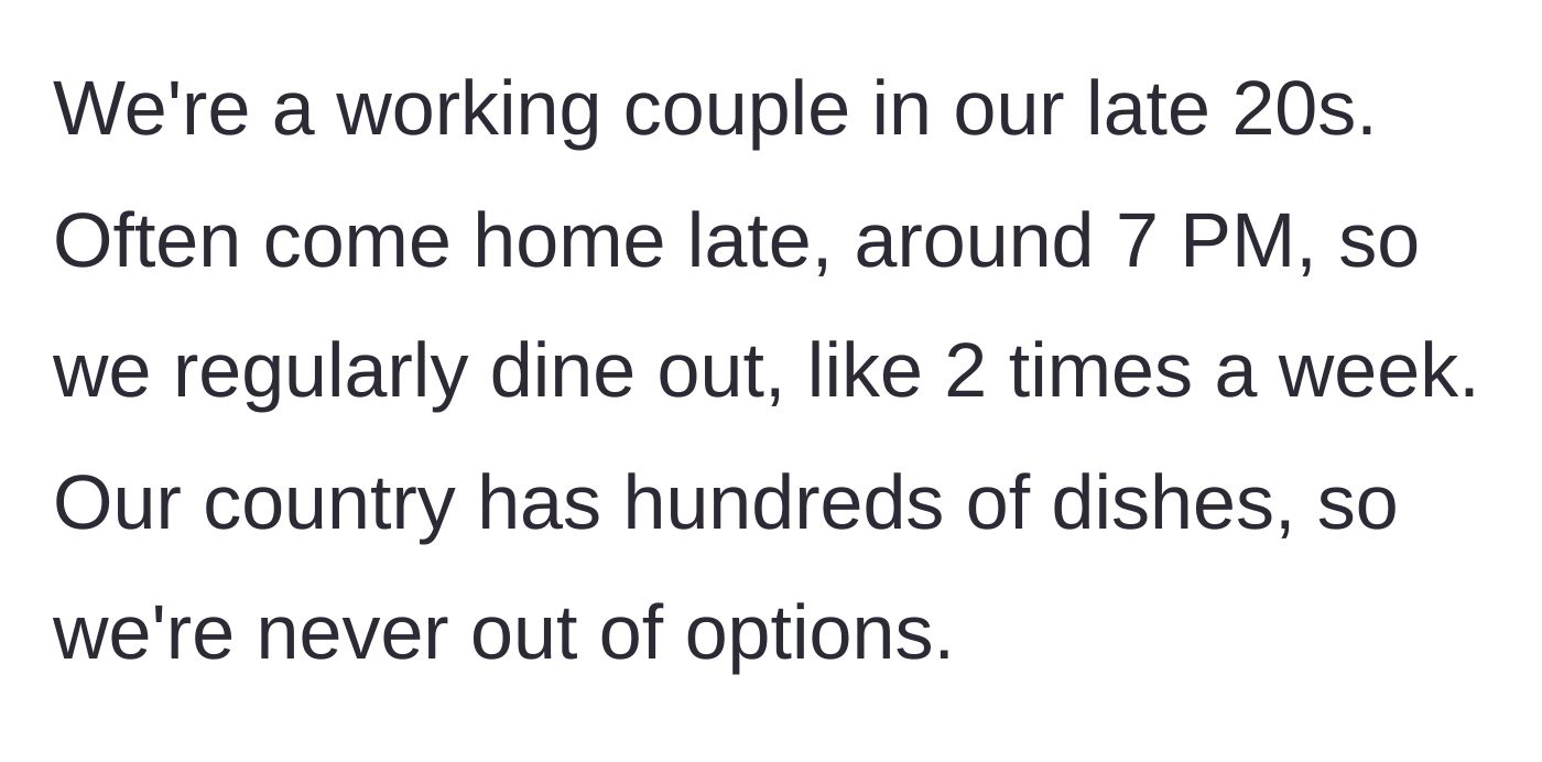 Story part 1 - A working couple dining at a restaurant after a long day at the office.