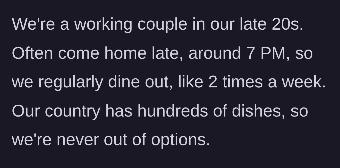 Story part 1 - A working couple dining at a restaurant after a long day at the office.