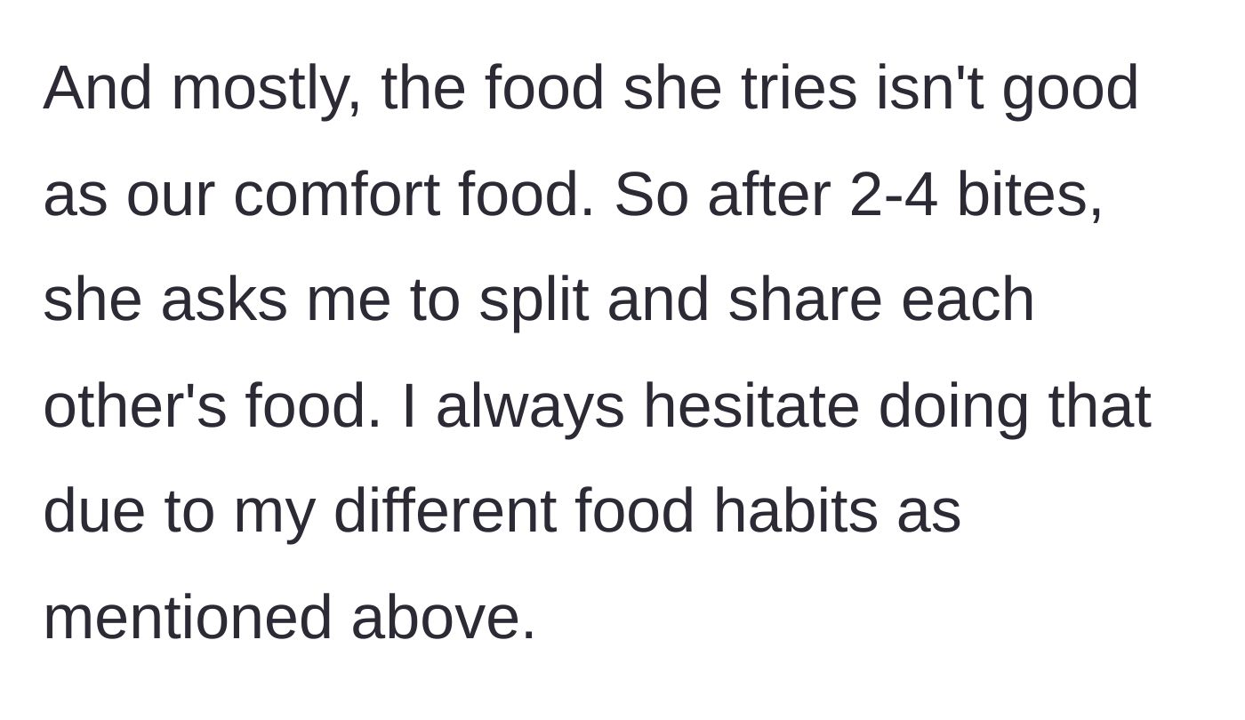 Story part 4 - A woman pushing her unappetizing plate away and reaching for her partner's food.