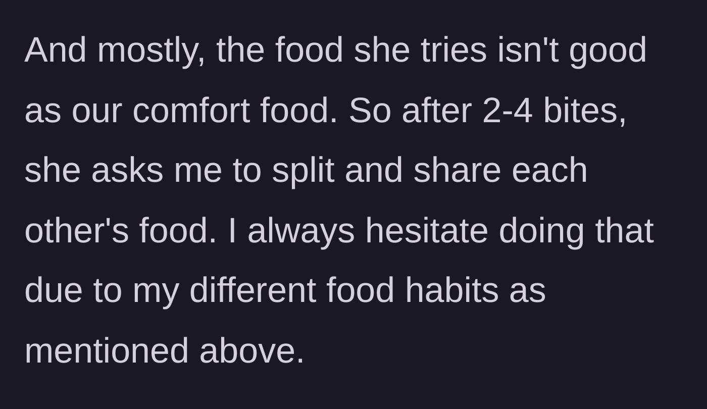 Story part 4 - A woman pushing her unappetizing plate away and reaching for her partner's food.