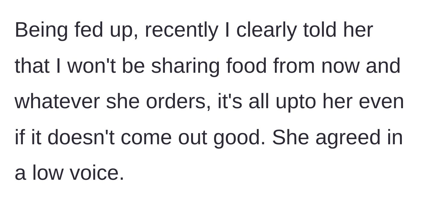Story part 6 - A man having a serious, boundary-setting conversation with his wife about his food.