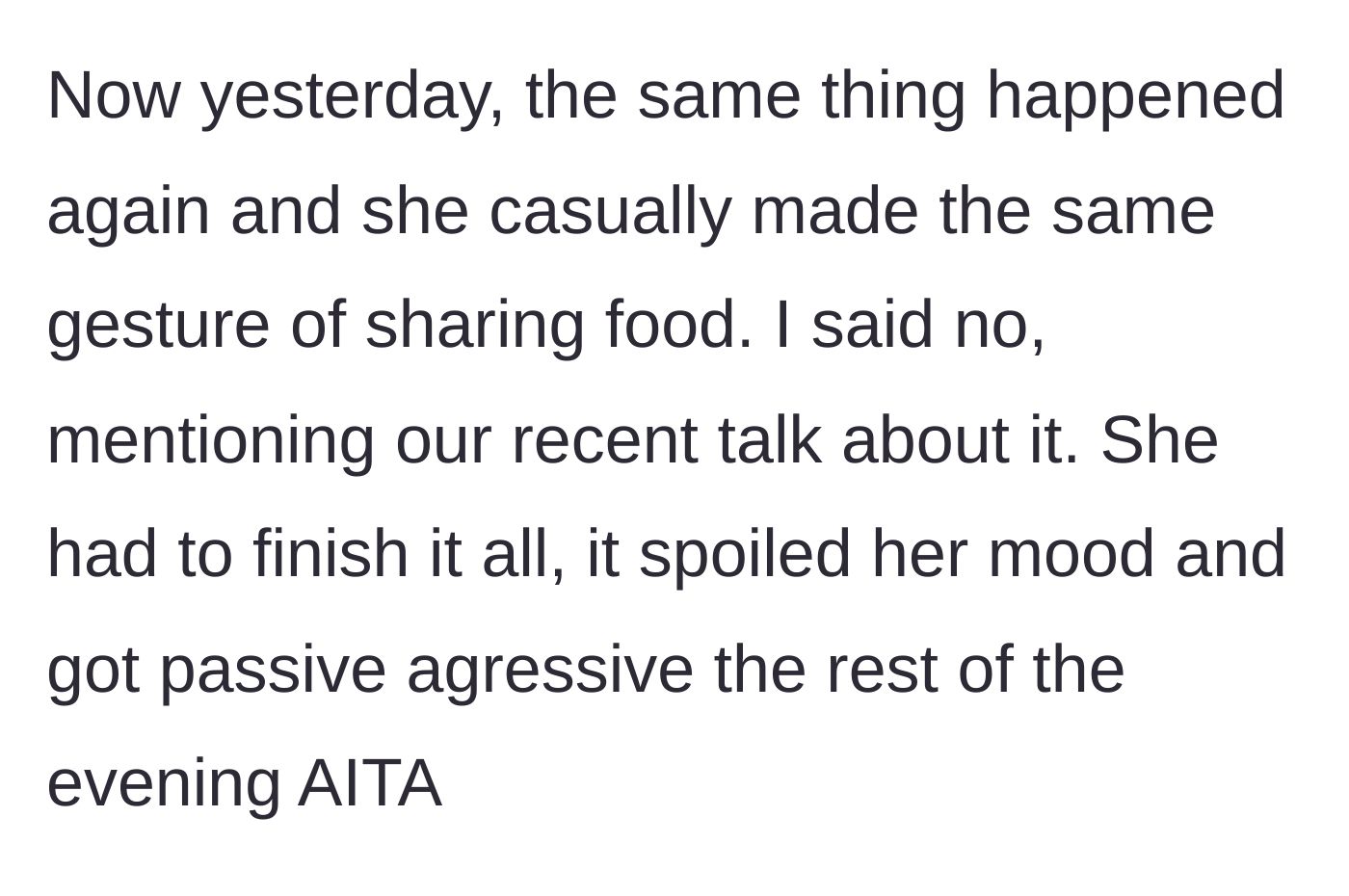Story part 7 - A woman pouting with her arms crossed at a dinner table after being denied her husband's food.