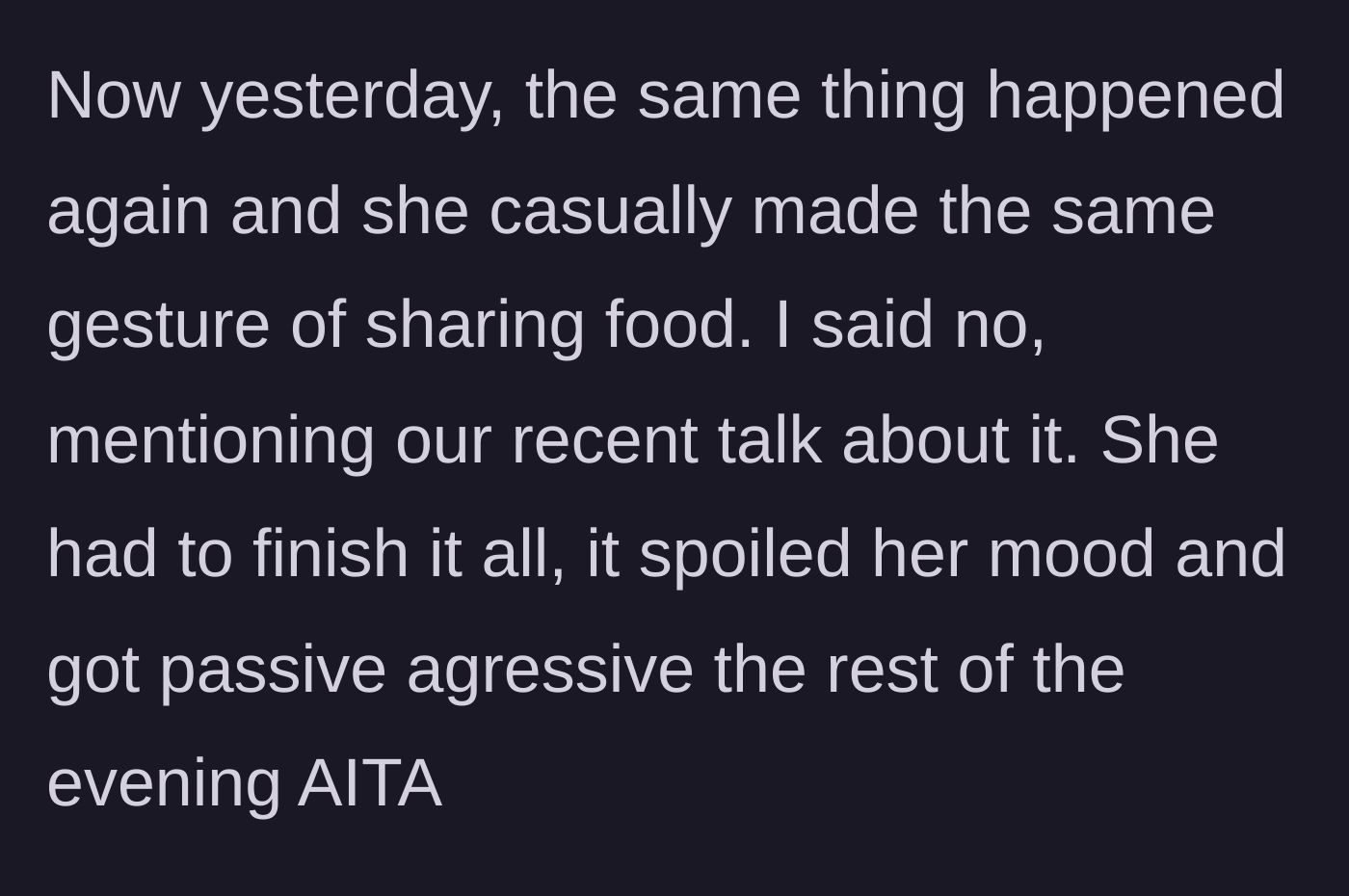 Story part 7 - A woman pouting with her arms crossed at a dinner table after being denied her husband's food.