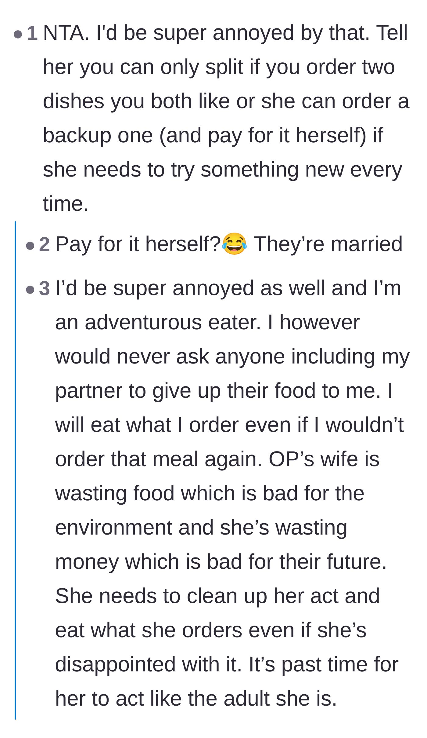 Comment thread 1 - A debate about using personal fun money versus communal funds to cover the wife's wasted meals.