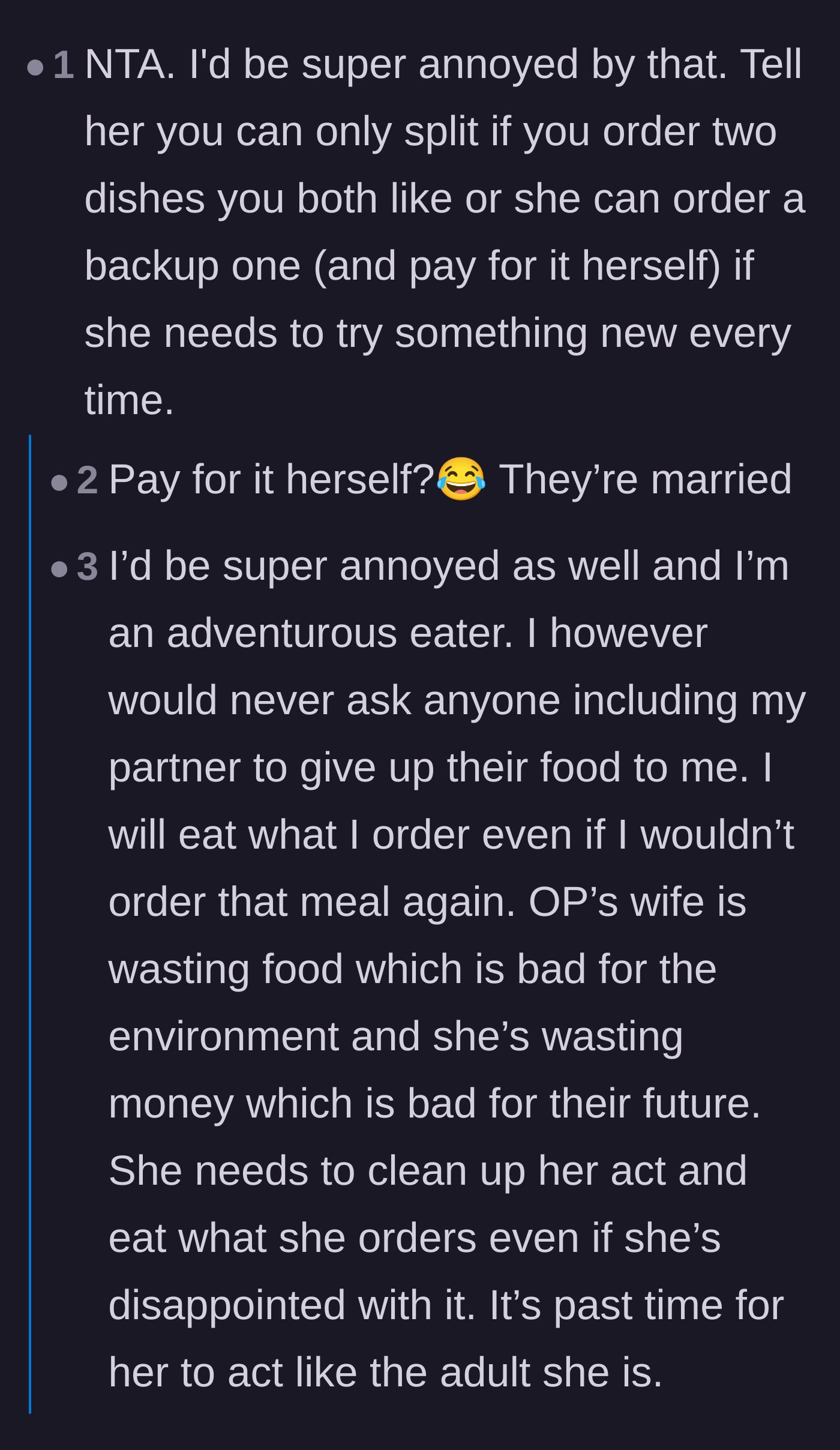 Comment thread 1 - A debate about using personal fun money versus communal funds to cover the wife's wasted meals.